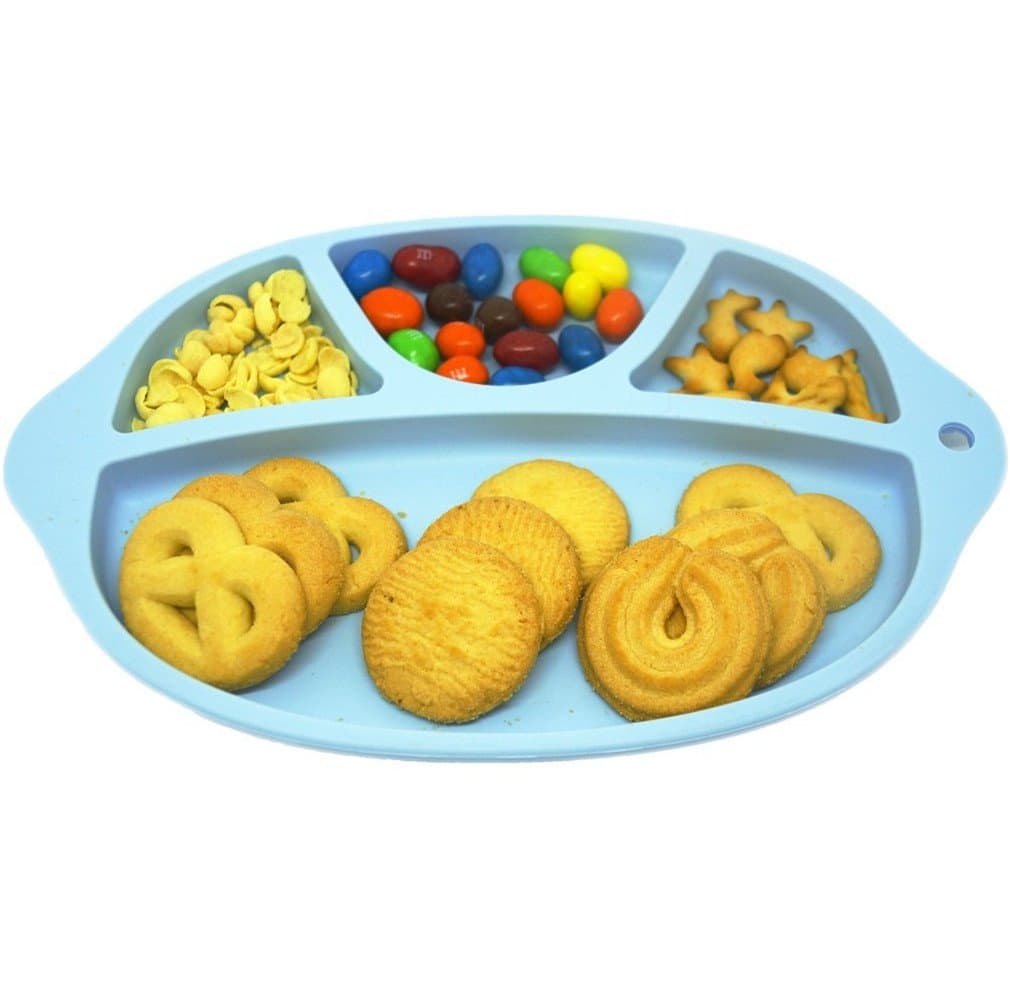 Baby Silicone Placemat - Bowl ,Tray and Placemat ,4 Compartments plate for Kids, Babies, and Toddlers,No Spill,Placemat Plate with Spoon for Baby to Toddler,Strong Suction & Fits any Surface (Blue)