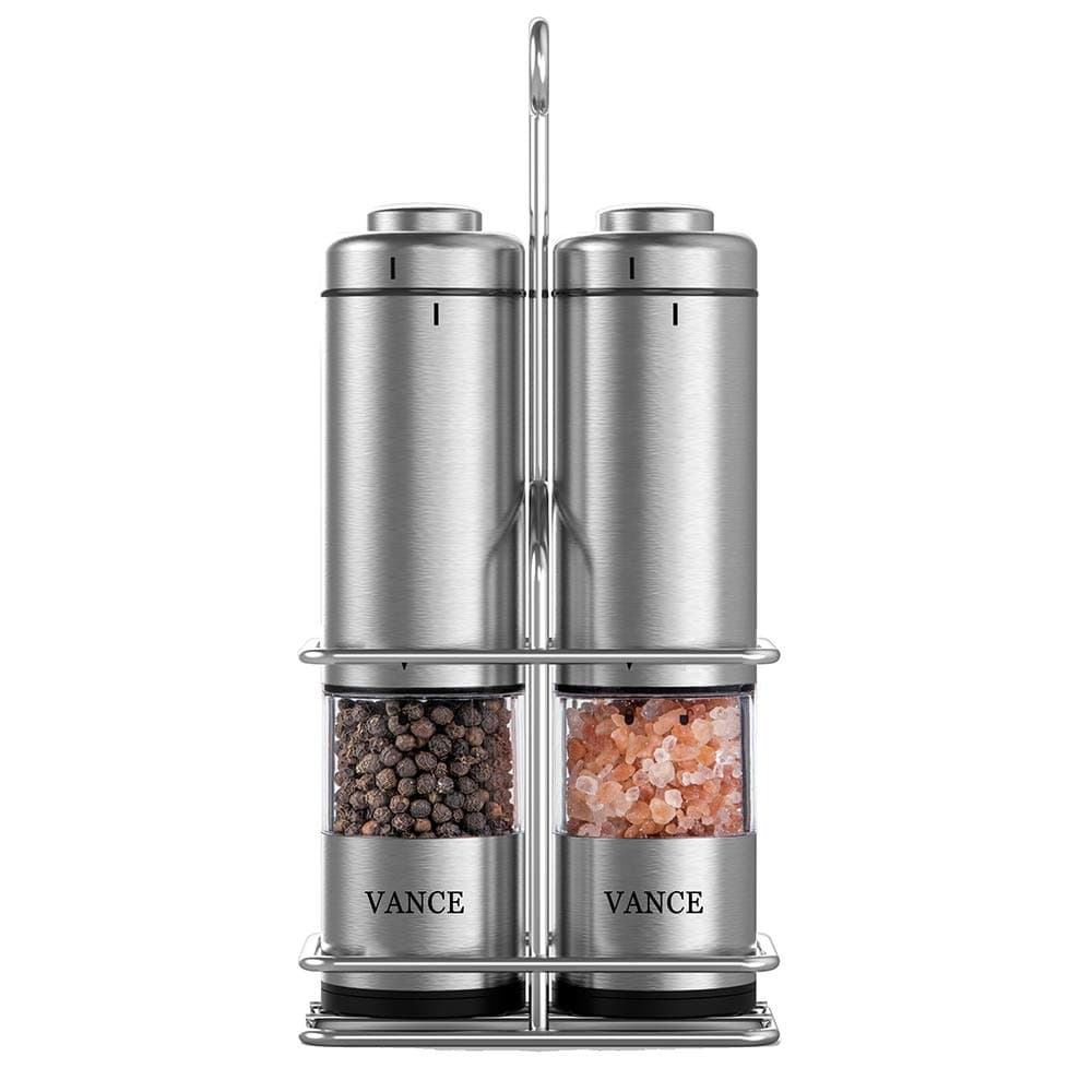 Electric Salt & Pepper Grinder Shaker Mill Set With Stand Battery Operated Adjustable Ceramic Coarseness Durable Stainless Steel Mills With Clear Window For Himalayan & Sea Salt (2 pack)