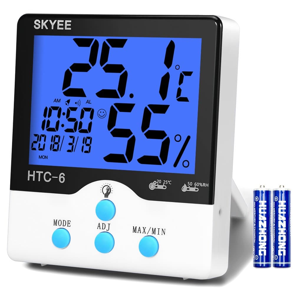 SKYEE Thermometer Hygrometer Digital Alarm Clock, Multifunction Indoor Monitor Temperature and Humidity with LCD Backlight, MIN/MAX Records,°C/°F Switch and for Home Office Greenhouse and More