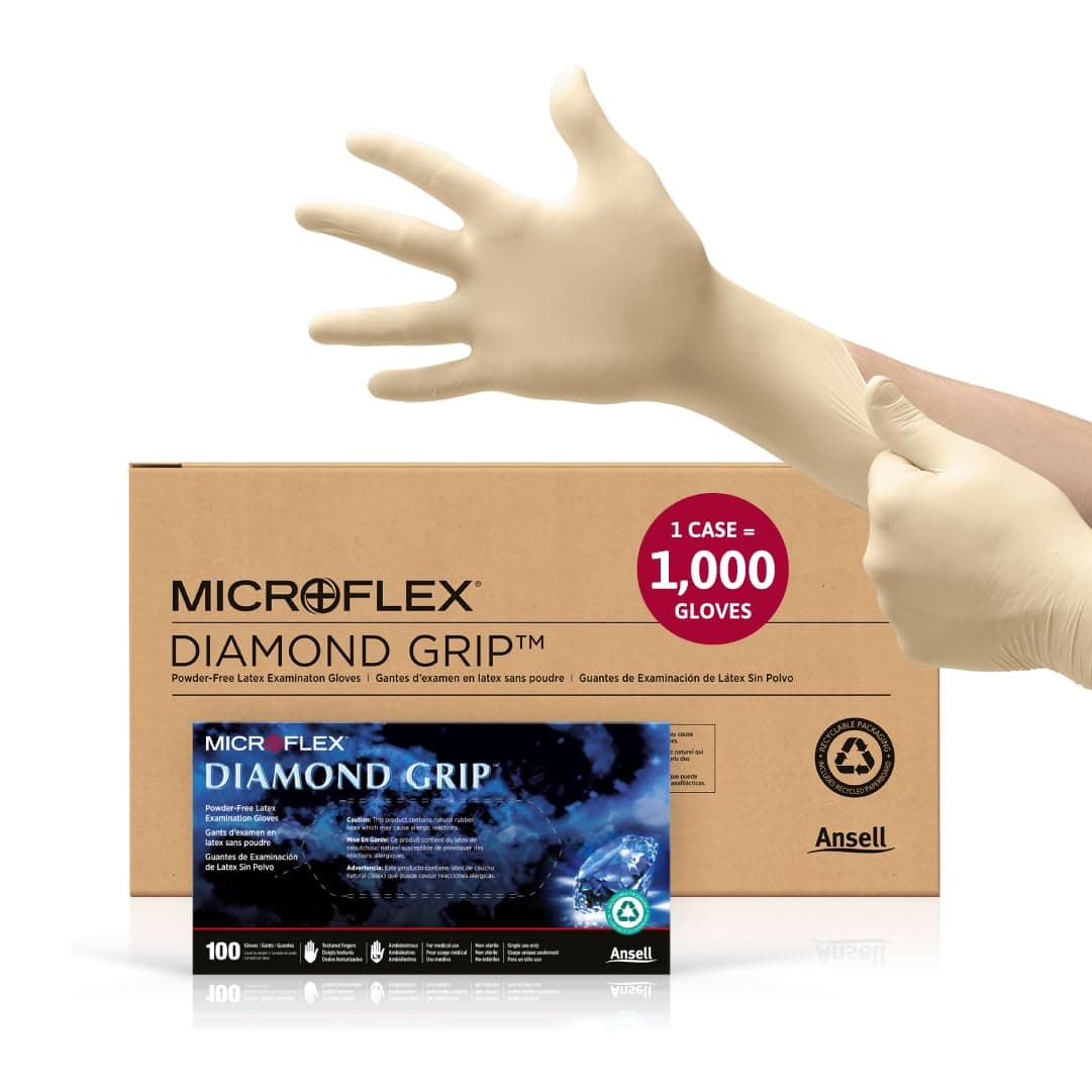 Ansell MICROFLEX Diamond Grip MF-300 Disposable Latex Gloves for Automotive, Healthcare, Machinery Industries - XL, Natural (Case of 1000)