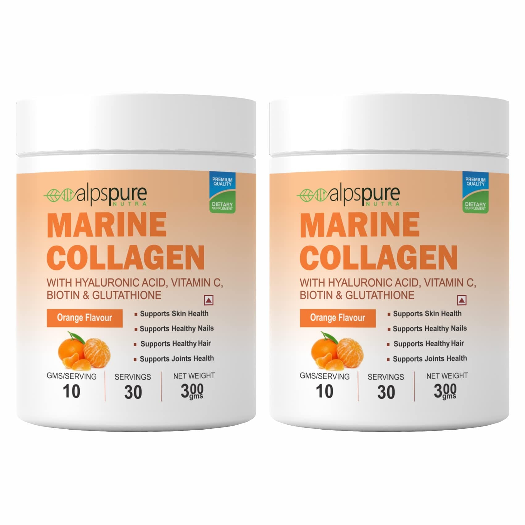 Nutra Marine Collagen/Fish Collagen Powder (Pack of 2-300 G Each) with Hyaluronic acid, Vit C, Biotin & Glutathione | Supports Healthy Skin, Hair, Nails & Joints | Orange Flavour