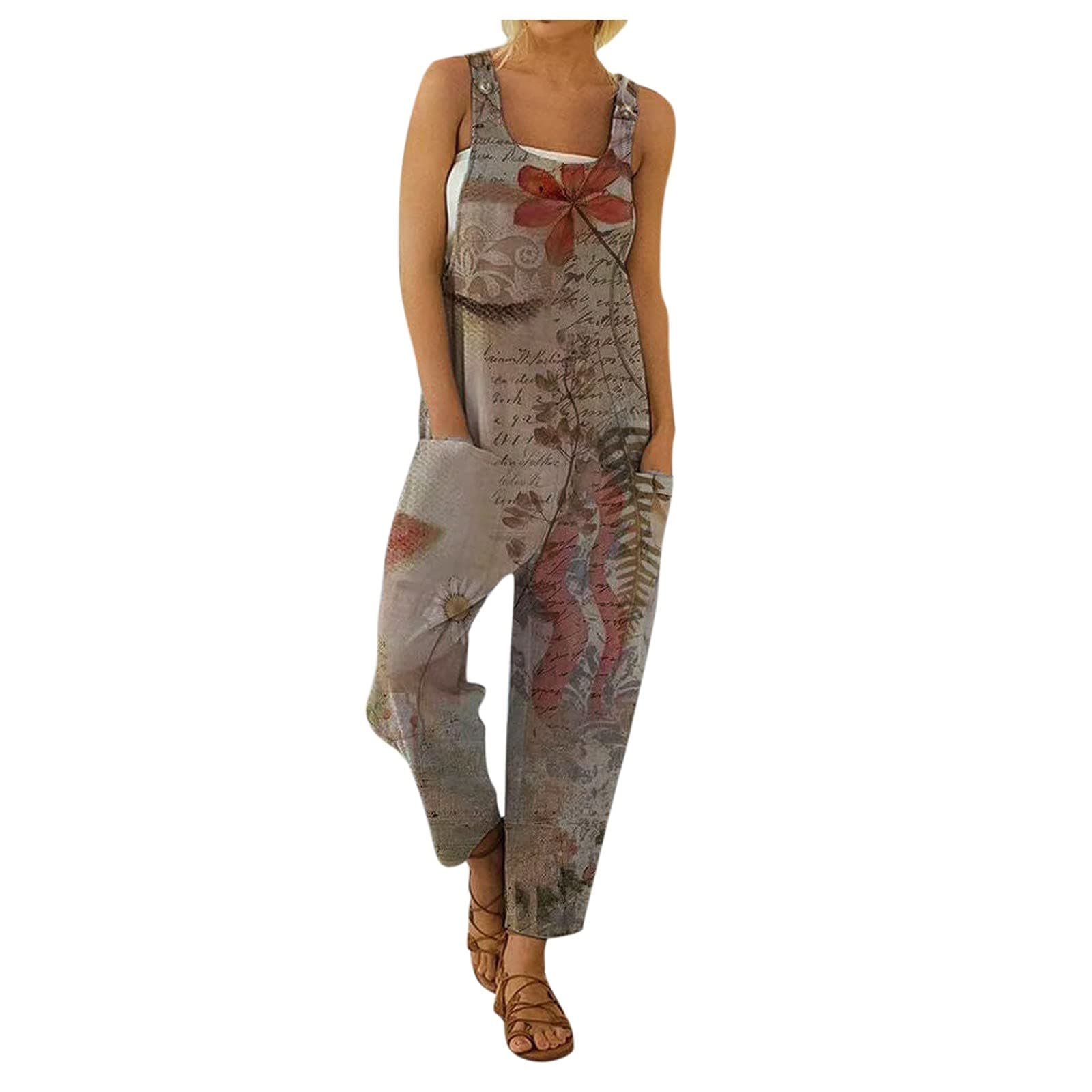 CHAOEN Women's Jumpsuit Summer Casual Spaghetti Jumpsuits Wide Leg Bib Dungarees Loose Playsuit Boho Print Pocket Romper