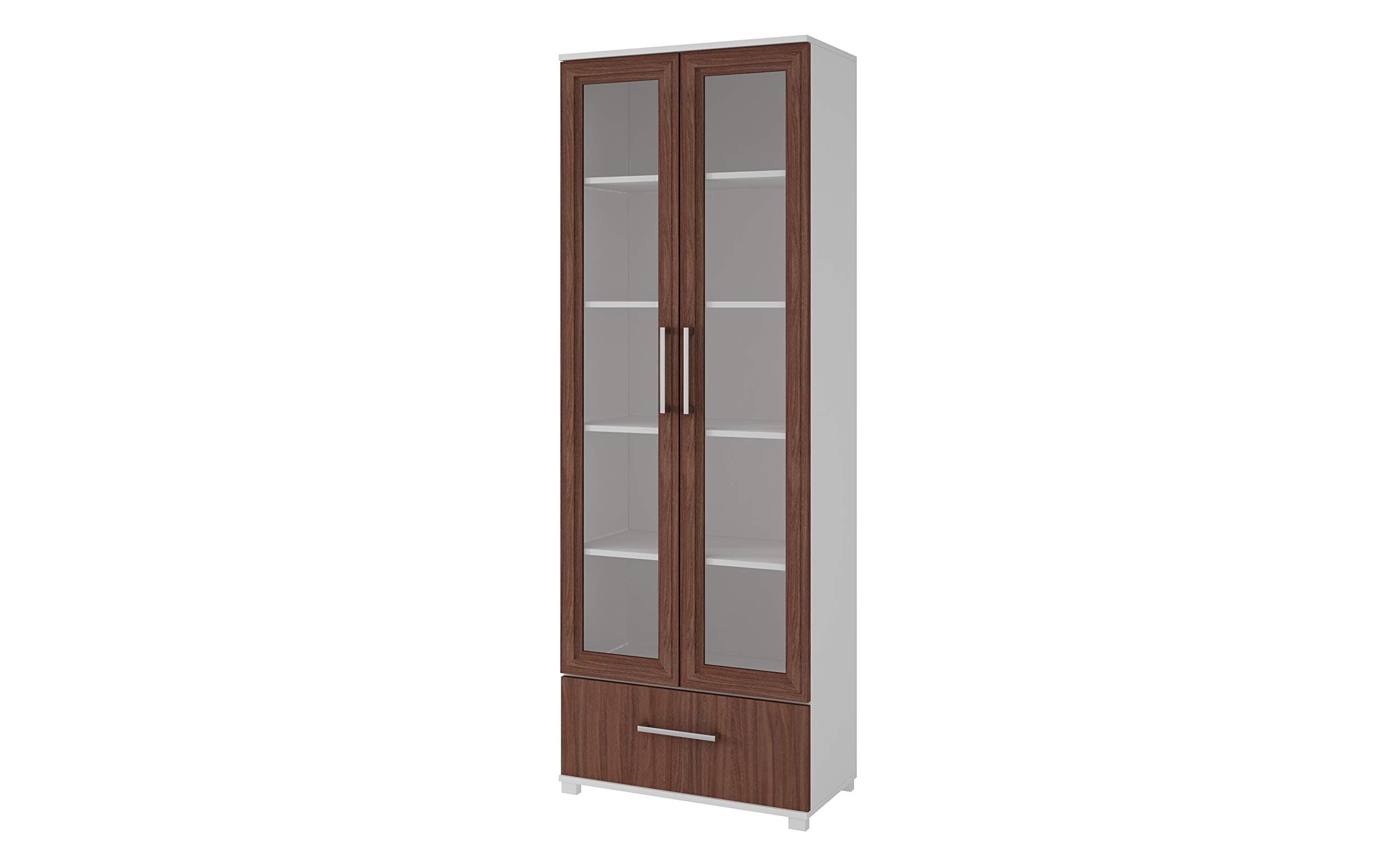 Manhattan Comfort Serra Modern Storage Bookcase With Glass Door, White/Nut Brown