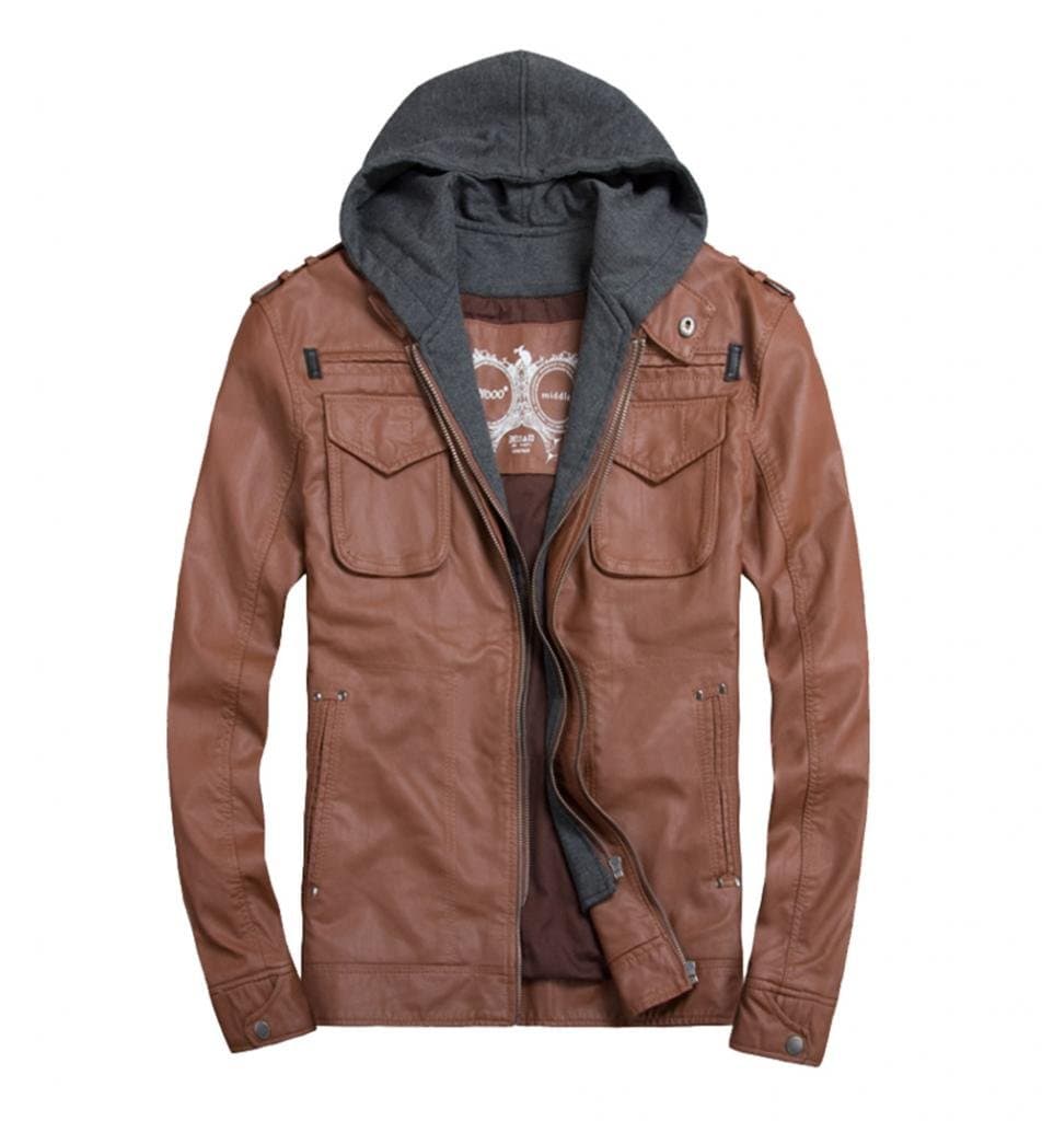 LXTH00o Men's Classic PU Zip Hooded Biker Rock Punk Jacket Coat Chocolate XXL