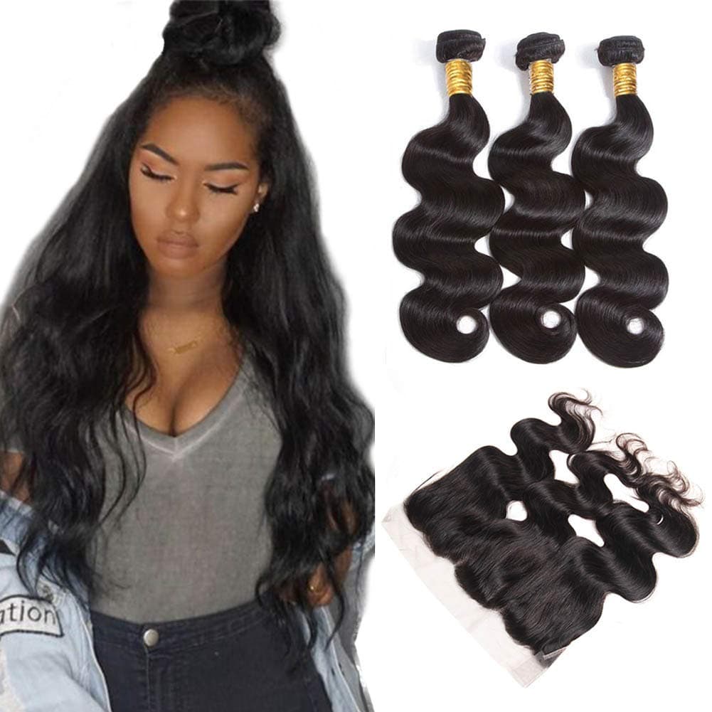 Brazilian Body Wave Bundles and Frontal Virgin Human Hair Weaves 13 X 4 Lace Frontal Closure with Baby Hair Unprocessed 10a Real Hair Weft Extensions Natural Color (26 28 30 +20 Inch 4x13 Frontal)