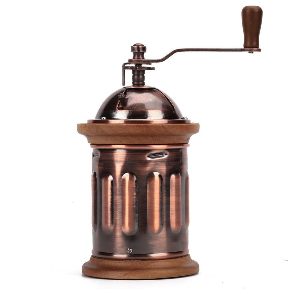 3E Home 23-2100 Hand Crank Manual Stainless Steel Burr Coffee Grinder Mill, Antique Copper Body with Solid Wood Trim, 9cm x 9cm x 22cm, Brown