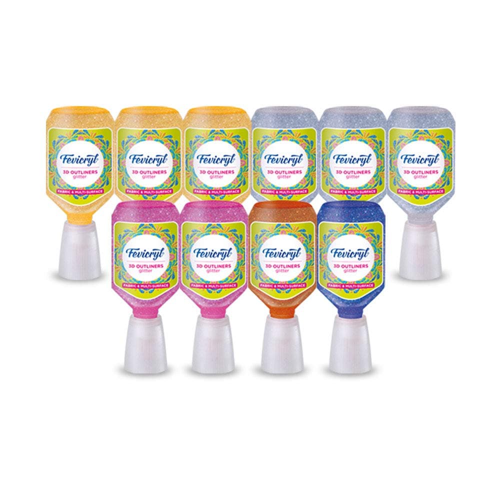 PIDILITE Fevicryl 3D Outliner Kit for Artists (10 Glitter Colors - 3 Gold, 3 Silver, 1 Rangoli, 2 Pink,1 Blue)