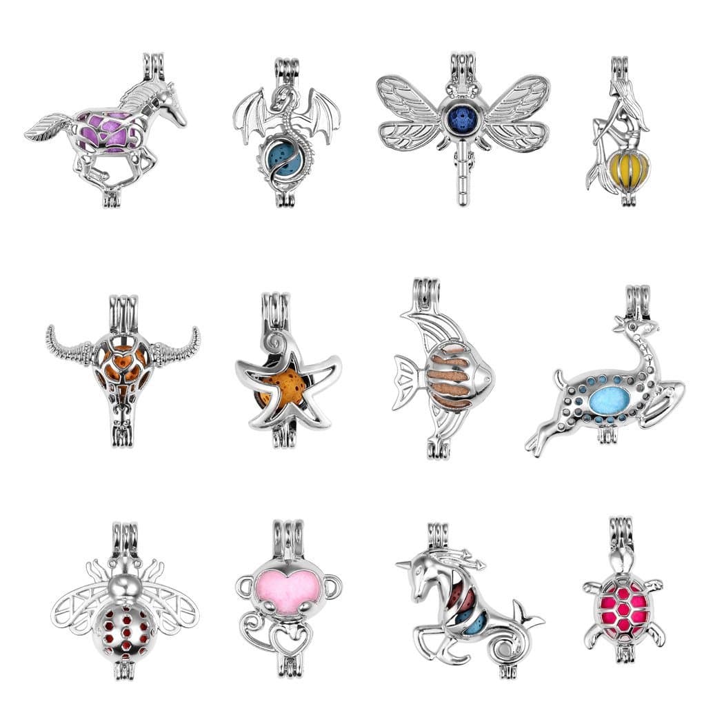 12Pcs Pearl Bead Cage Pendants - Rhodium Plated Hollow Aromatherapy Essential Oil Diffuser Locket Pendant for Jewelry Making with Multi-Color Lava Beads