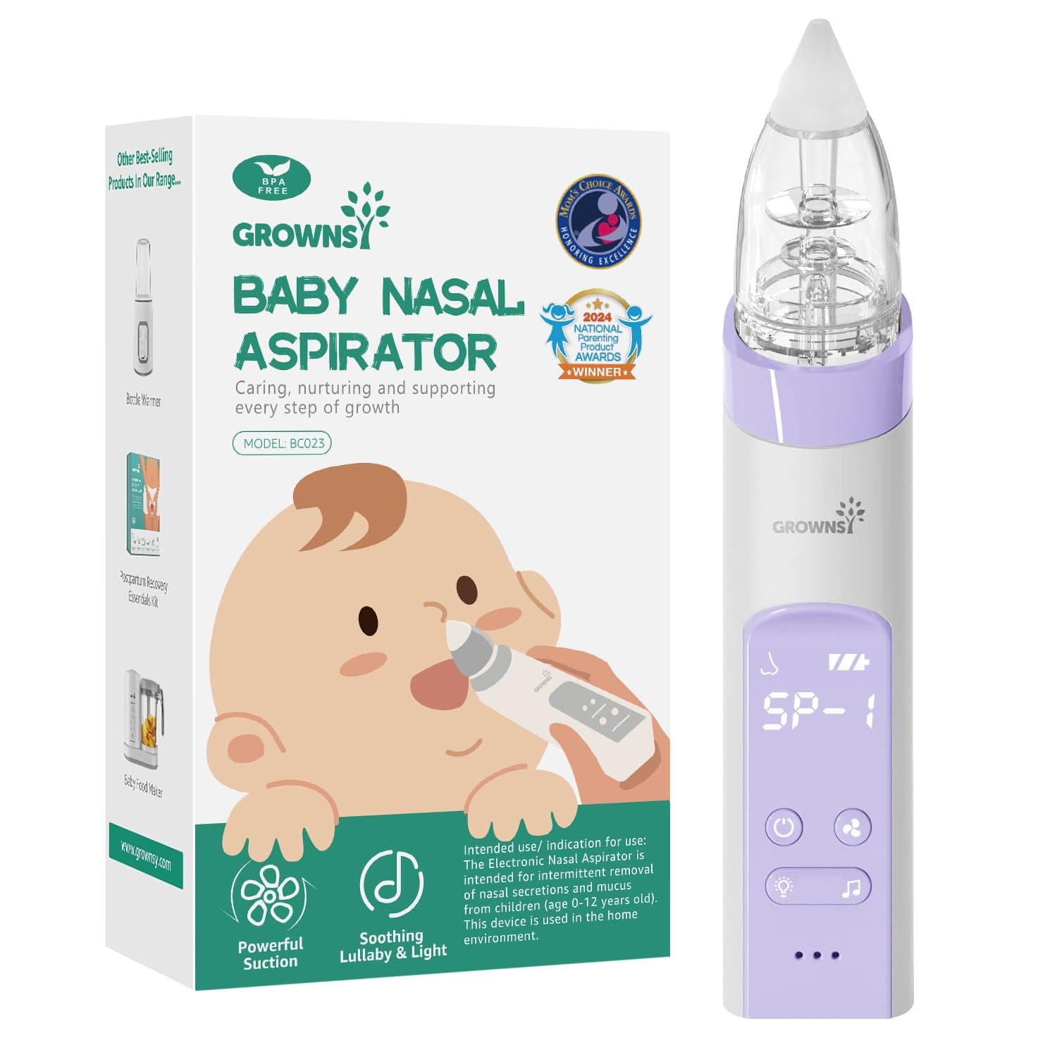 GROWNSY Nasal Aspirator for Baby, Electric Baby Nose Sucker, Automatic Nose Cleaner with Larger Suction Chamber and More Powerful Suction, Music and Light Soothing Function, Purple