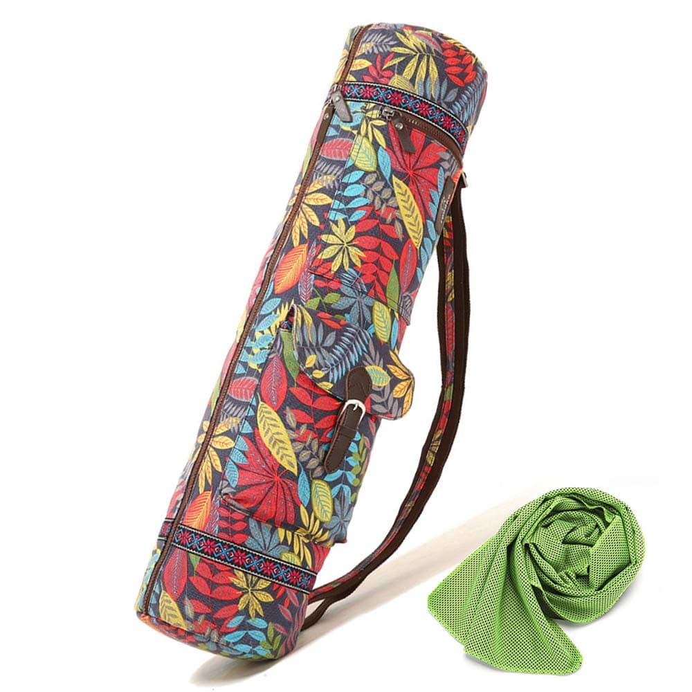 Yoga Mat Bag and Carrier with Sport Towel, Yoga Mat Sling Bag, Canvas, Eco Friendly Printing, Adjustable Strap, with 2 Functional Pockets