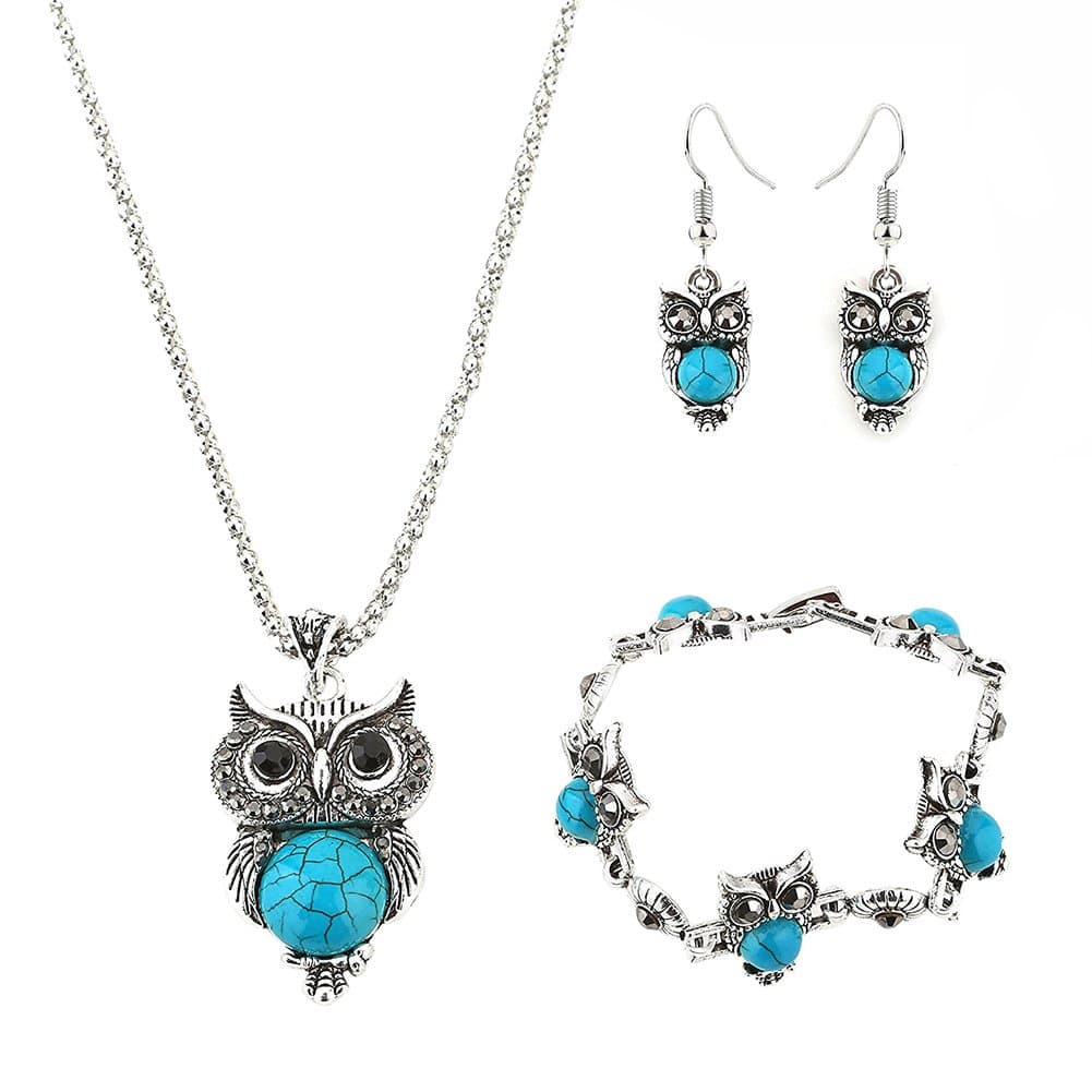 ILJILU Owl Jewelry Sets Retro National Style Owl Turquoise Accessories (Bracelet Necklace Earrings)