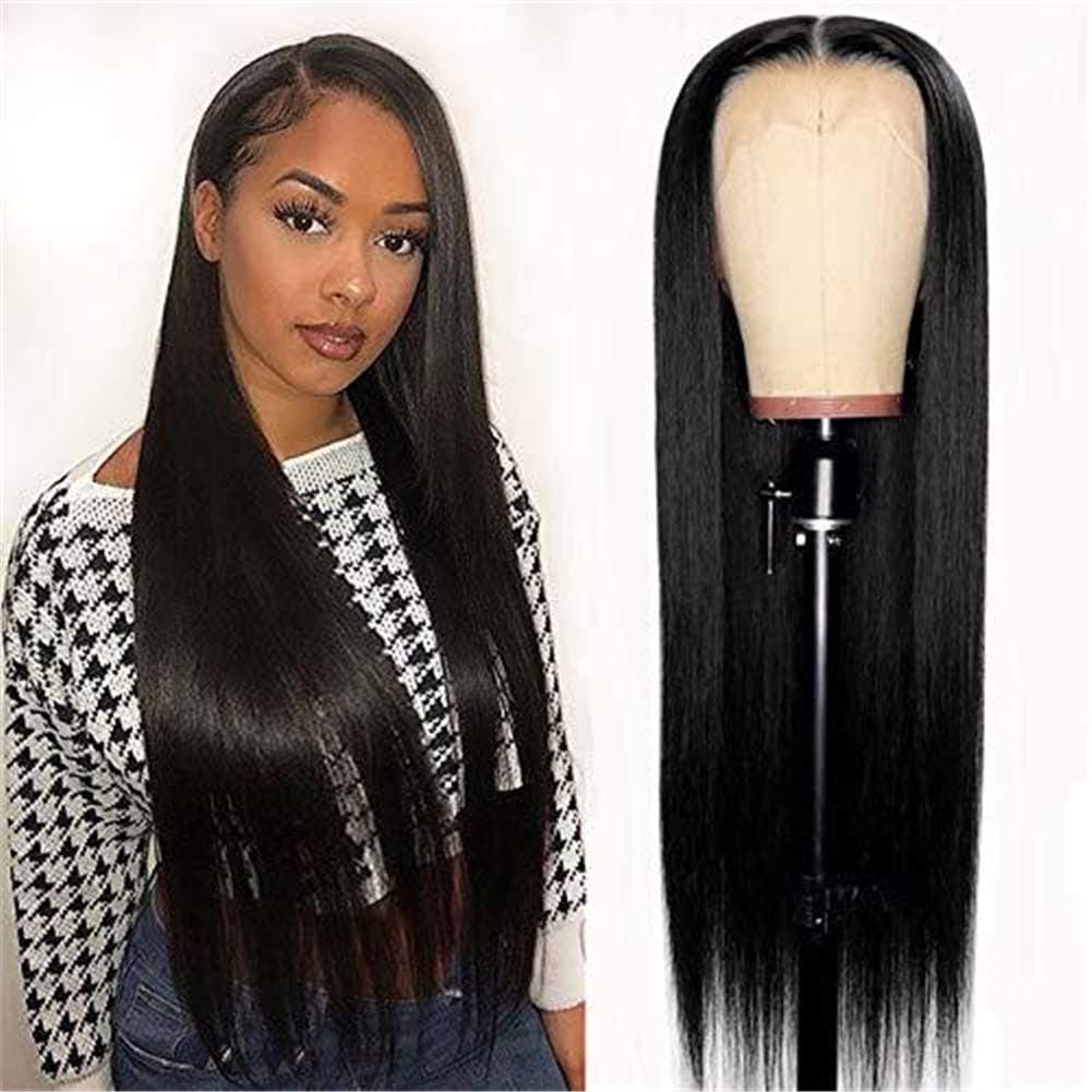 Lace Front Wigs Long Black Hair Wig 24" Free Part Straight With Baby Hair Pre Plucked Synthetic Full Wig For Women 100% Natural Similar to Human Hair