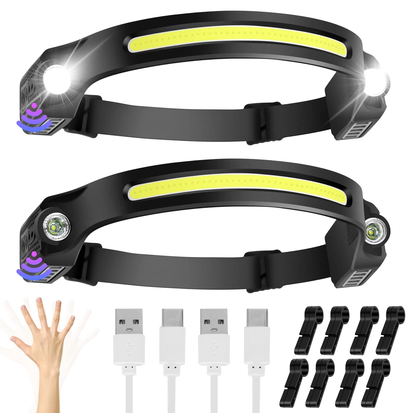 Head Torch Headlamp 2 Packs 6 Modes Motion Sensor Headlight 260 Degree Widen View Rechargeable Led Headtorch Ipx4 Waterproof Hands-Free Flashlight Gift