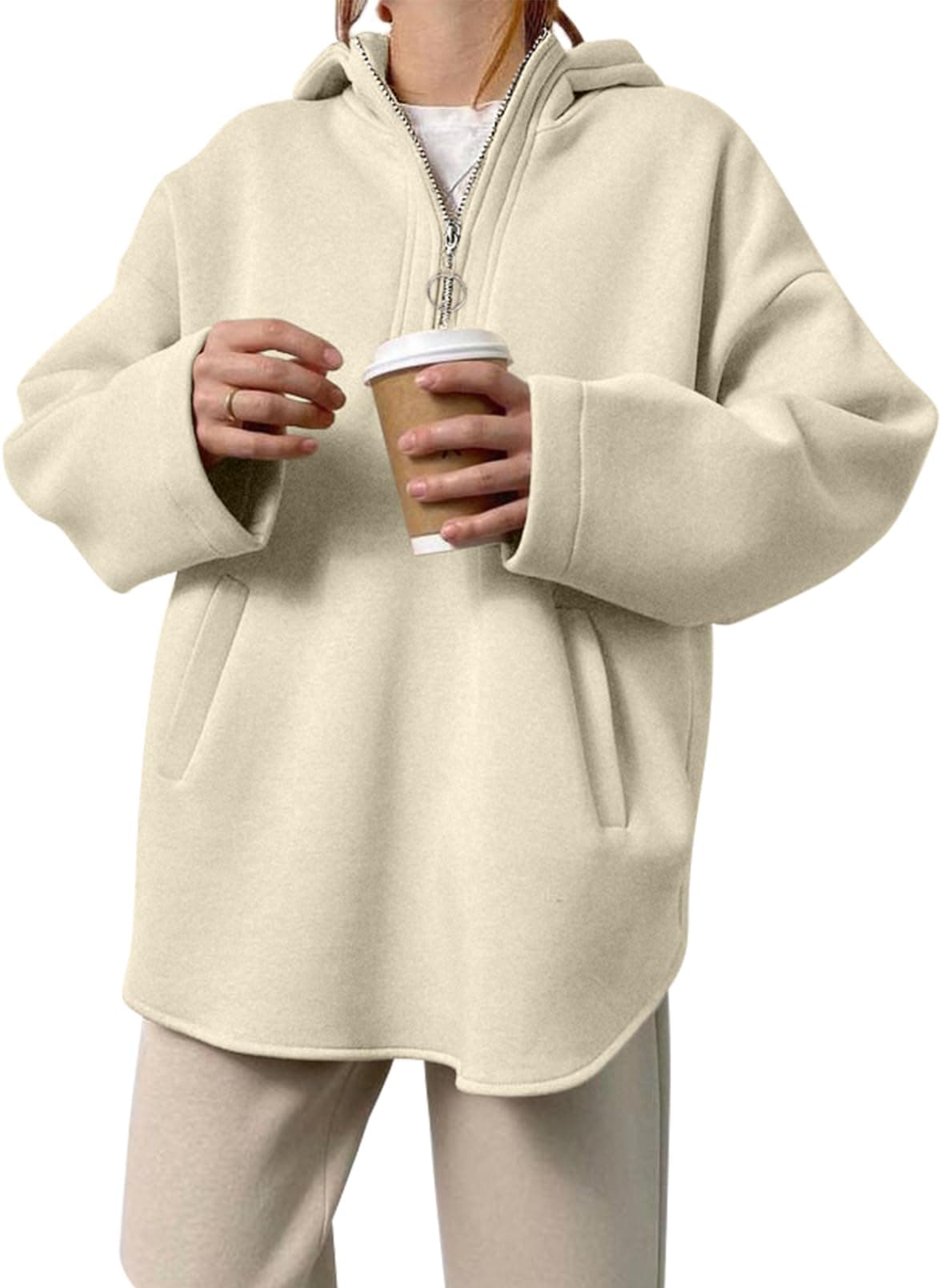 EVALESSWomen's Oversized Hoodies Casual Long Sleeve Half Zipper Pocket Sweatshirt Pullover Tops