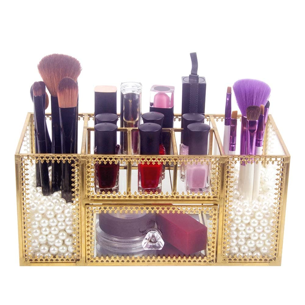 DesignSter Antique Glass Makeup Organizer - Gold Lace Perfume Cosmetic Holder with Pearls / Brass Brush Lipsticks Storage / Vanity Mirror Base / Vintage 7 Compartments for Bedroom, Dresser, Countertop