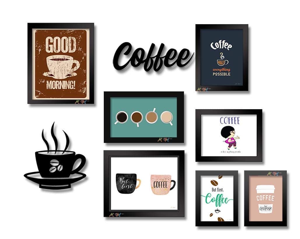 Coffee Retro Theme Kitchen and Cafe Framed Wall Art Painting Food Kitchen Quotes Painting With Frame Wall Decor for Home, Restaurant, Café, with MDF cutouts Set of 9