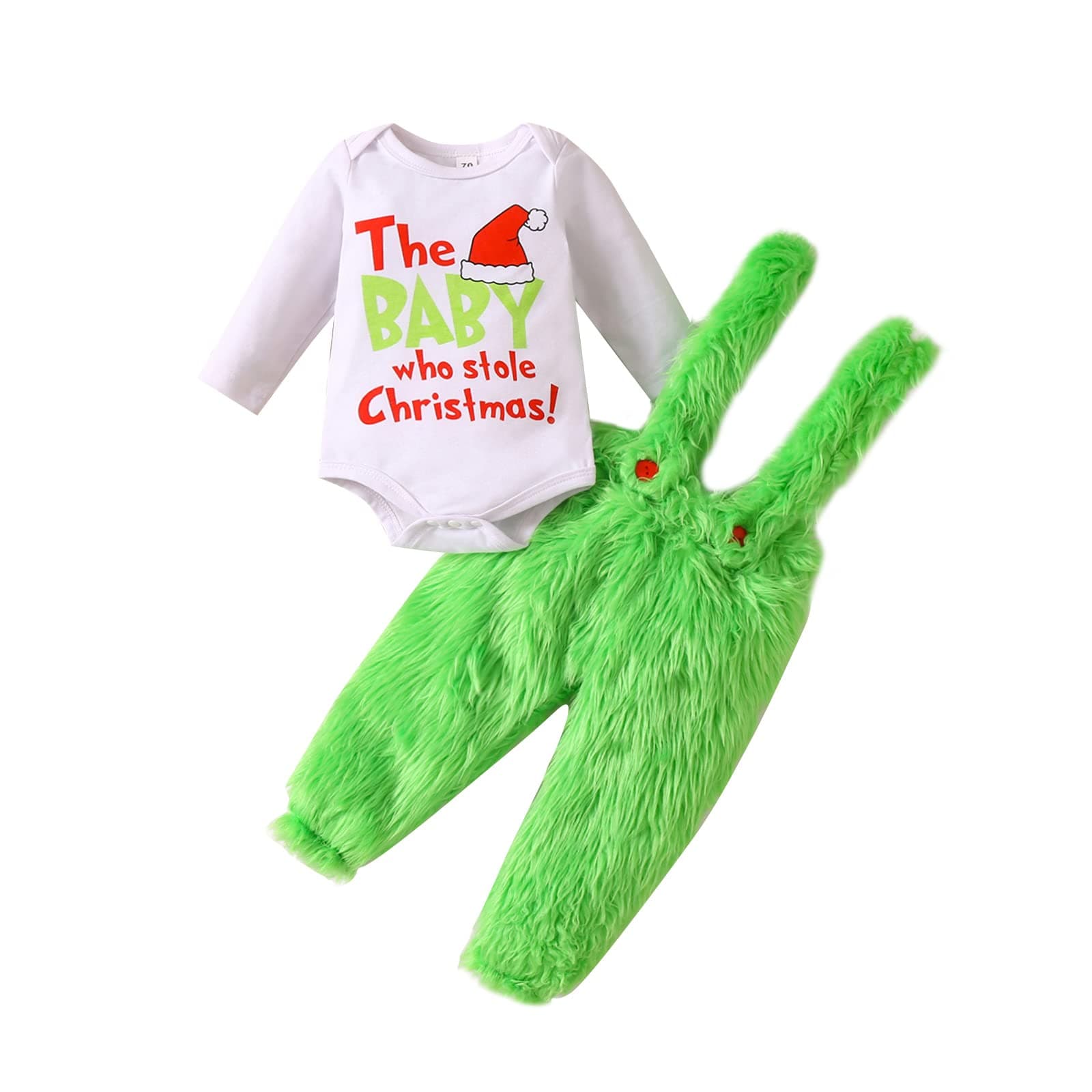 AunaeywBaby Christmas Cosplay Cosutmes Party The Infant Who Stole Christmas Outfit Green Furry Suspender Skirt/Pants Xmas Gift