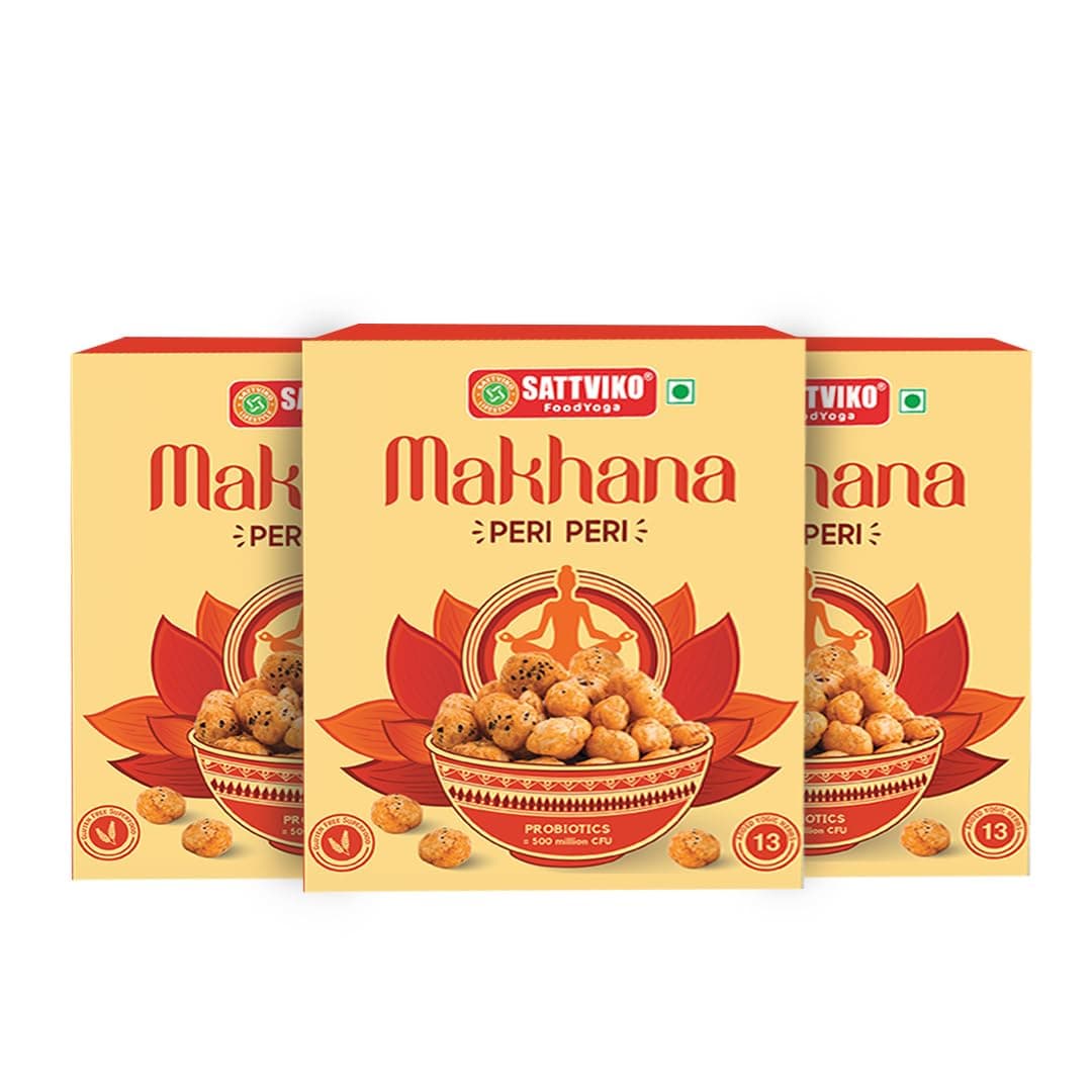 Sattviko Makhana, Lotus Seeds, Roasted Makhana, Peri Peri Makhana FoodYoga, Healthy Snacks, Antioxidant Rich, Fox Nuts, Gluten Free Diet Food, Vegan Snacks, Diwali Gifts (Peri Peri, Pack of 4)
