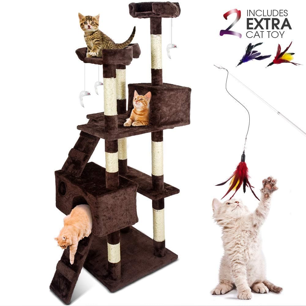 Cat Sturdy Condo Tree Multi-Level Cat Tower with Cat Wand,Pet Cat Climbing Platform, Kittens Playing House with Scratching Posts, Moving Mouse Cat Activity Tree (43.3Inch or 68Inch Can Choose)
