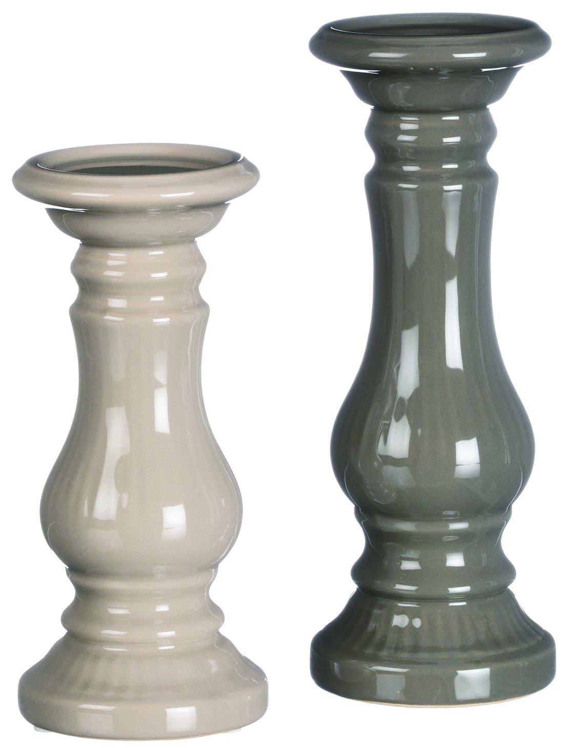 Set of 2 Candle Holders in Grey and Taupe Glazed Ceramic 8.25 and 9.75 Inches High