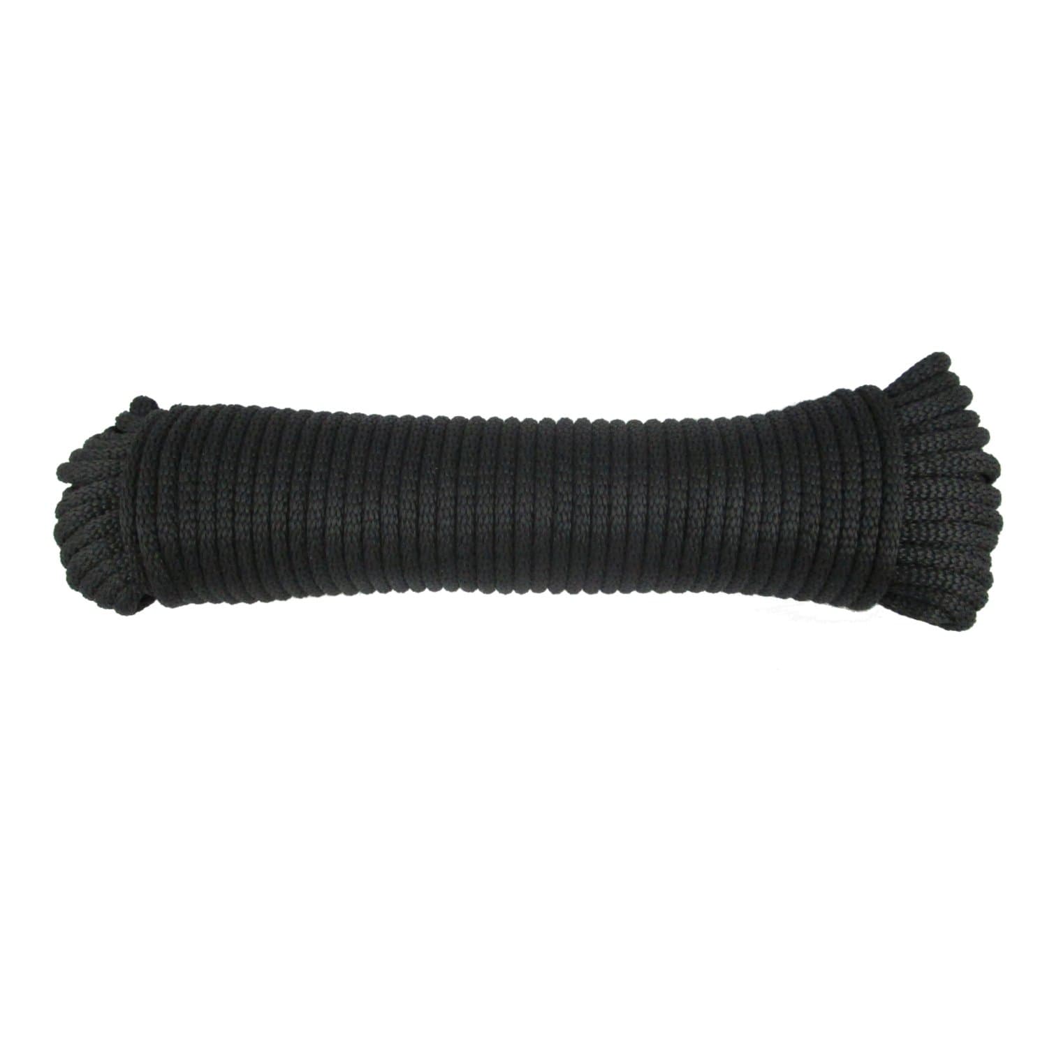 QNR 3/16" Black Polyester Rope, Solid Braid Dacron Utility Rope, 100 ft Length, Low Stretch UV Resistant Industrial Cord