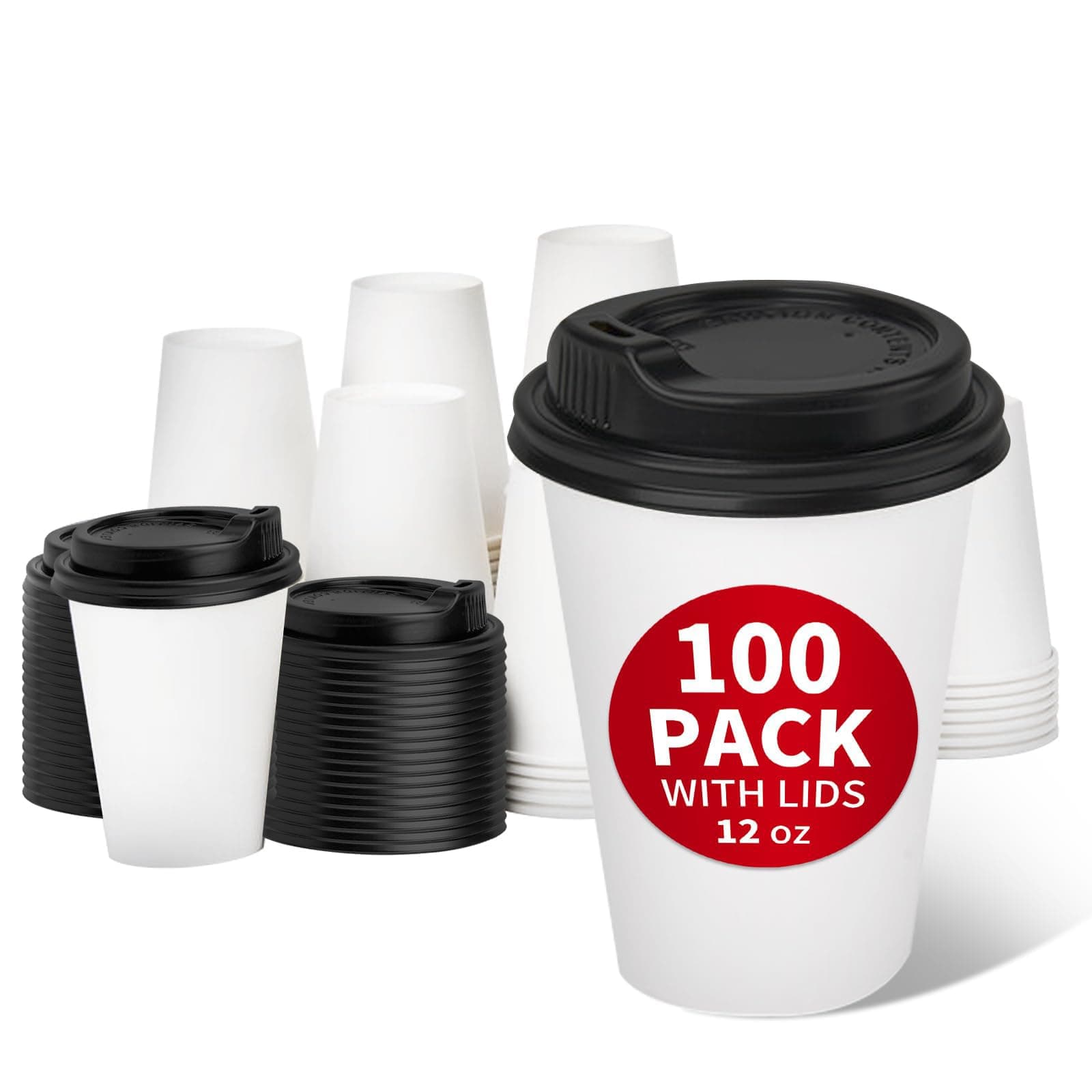 RACETOP 100 Pack 12 oz Disposable Paper Coffee Cups with Lids, Paper Cups with Lids 12 oz, Hot Cups for Home/Office
