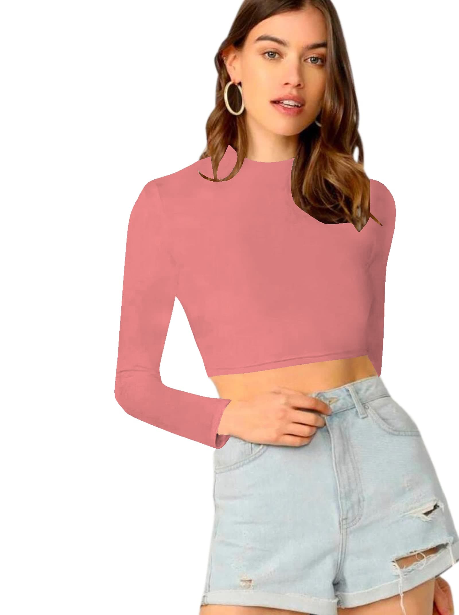 Dream Beauty Fashion Women's Round High Neck Full Sleeves Stylish Crop Top Polyester Blend Tshirt (16" Inches)