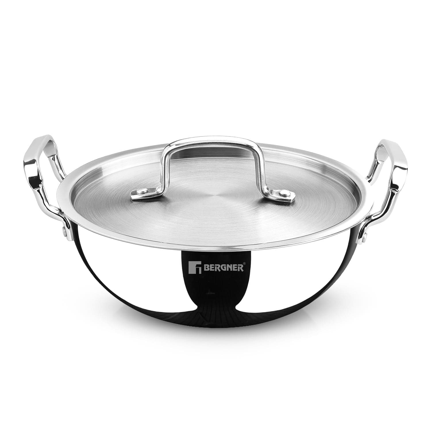 Bergner TriPro 24cm (3.10L) Tri-Ply Stainless Steel Deep Stir-Fry Pan, Kadai with Lid, Healthy Cooking with Less Oil, Metal Spatula Friendly Wok, Stay-Cool Handles, Induction & Gas Stove Compatible