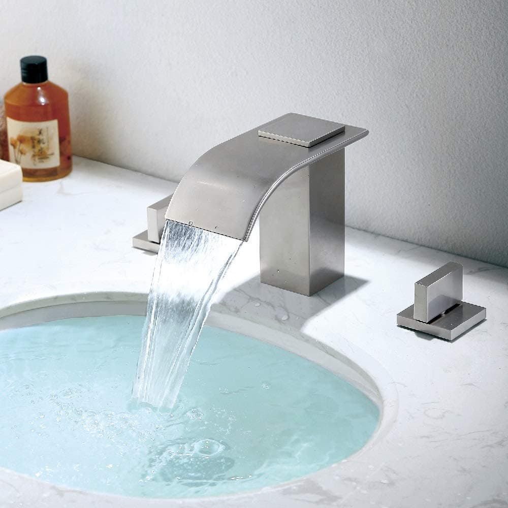 Brushed Nickel Waterfall Bathroom Faucet 3 Holes 2 Handles 3.15 Inches Modern Widespread Bathroom Sink Faucet