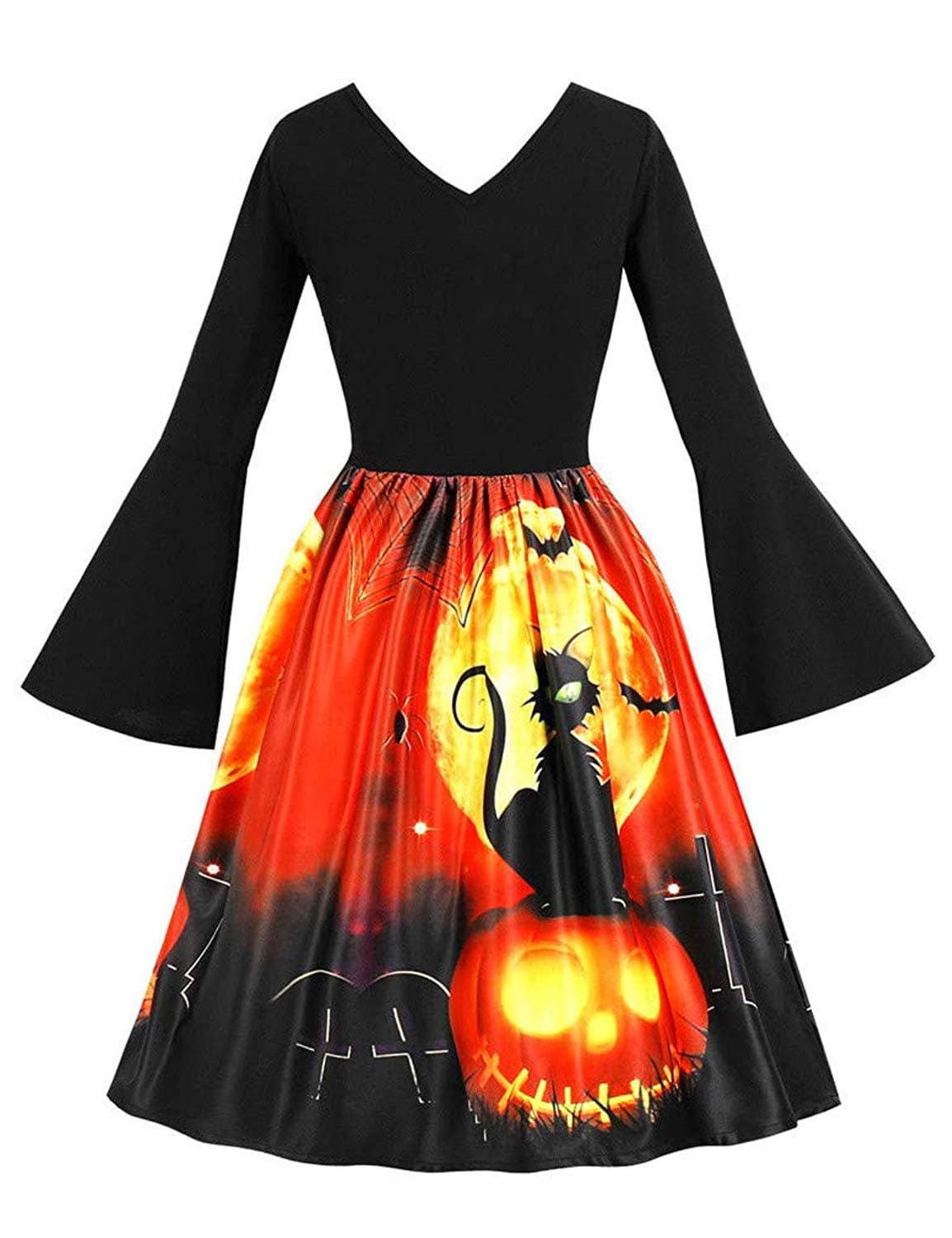 Tanst Women's Halloween Dresses Cute V Neck Bell Sleeve Vintage Midi Dress