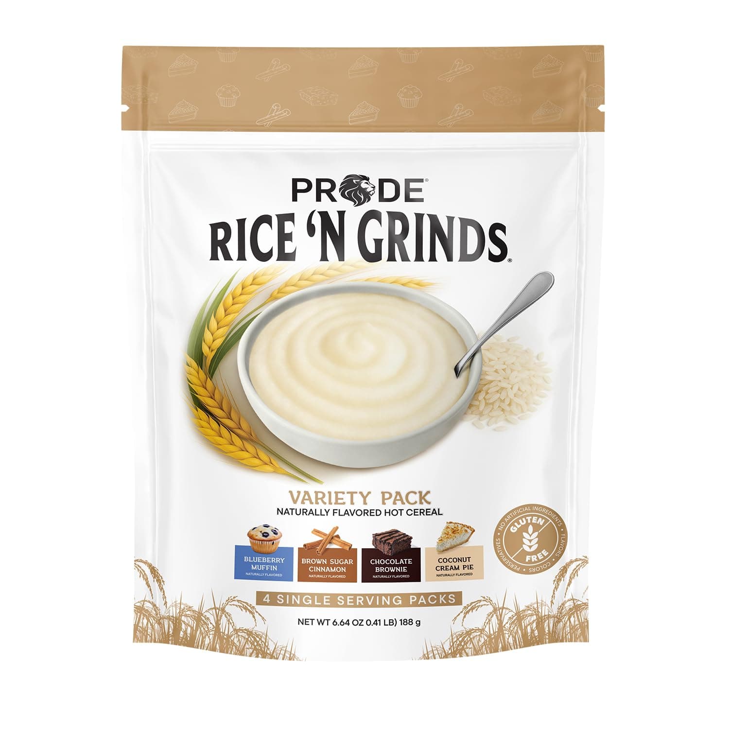 Pride Foods Rice 'N Grinds Hot Cereal - Gluten-Free, Non-GMO, Vegan-Friendly, Natural Rice Breakfast, Quick & Easy Hot Meal, Low-Fat Comfort Food, 4 Servings, Variety Pack