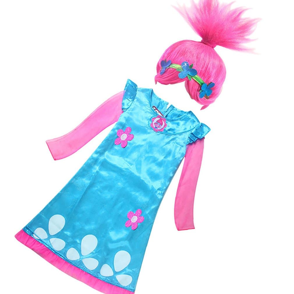 Seeby Trolls Poppy Cosplay Costumes Dress for Girls Halloween Fancy Dress with Wig