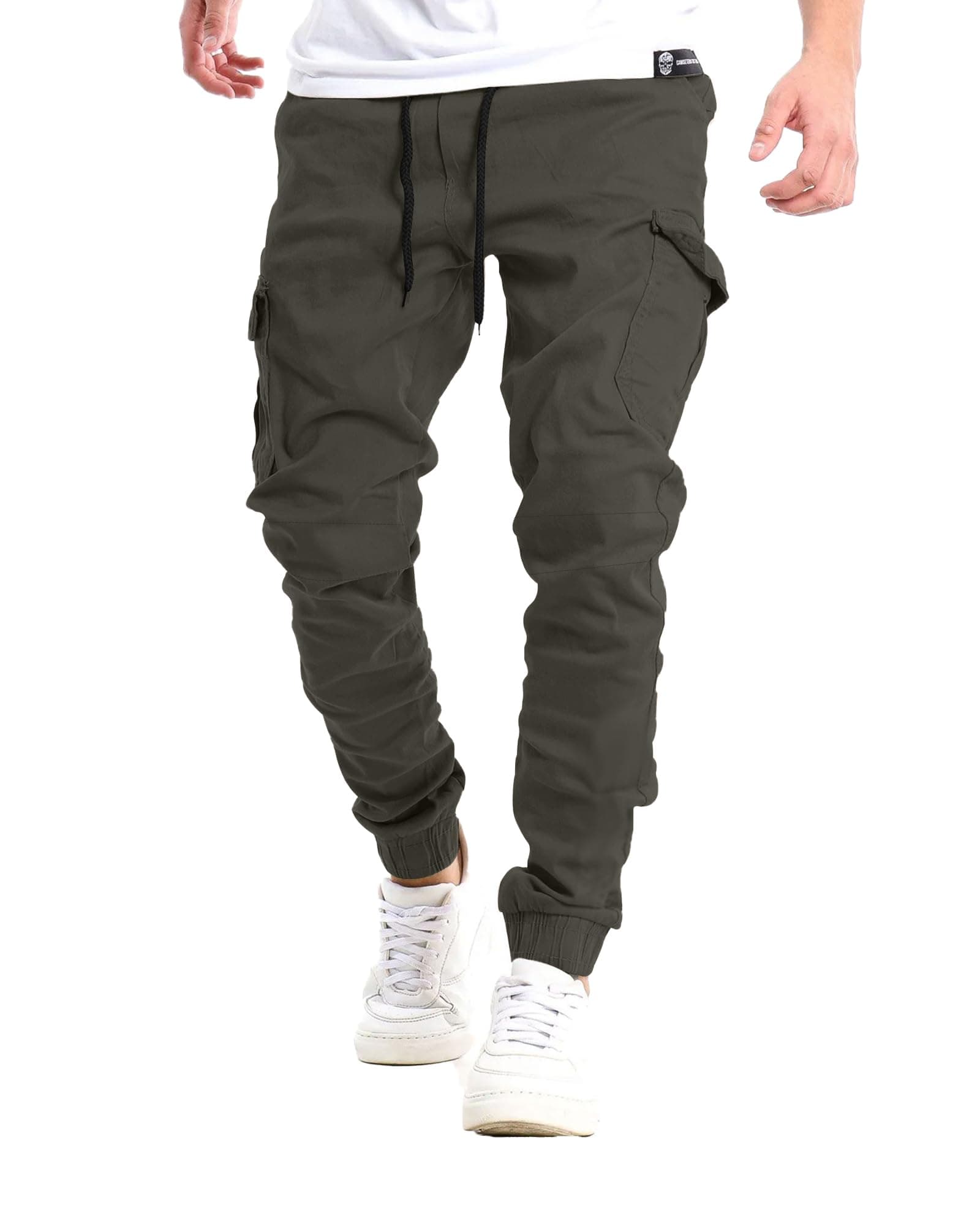 YAOHUOLEMens Cuffed Cargo Trousers Casual Cotton Cargo Joggers Slim Fit Tactical Work Jogging Pants with Drawstring Elastic Waist