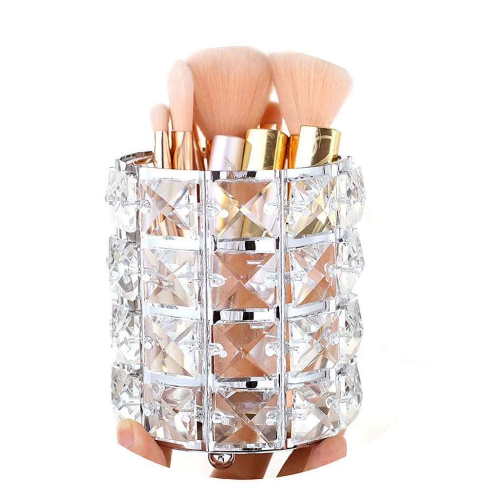 Handcrafted Crystal Makeup Brush Holder Eyebrow Pencil Pen Cup Collection Cosmetic Storage Organizer for Vanity,Bathroom,Bedroom,Office Desk (silver)