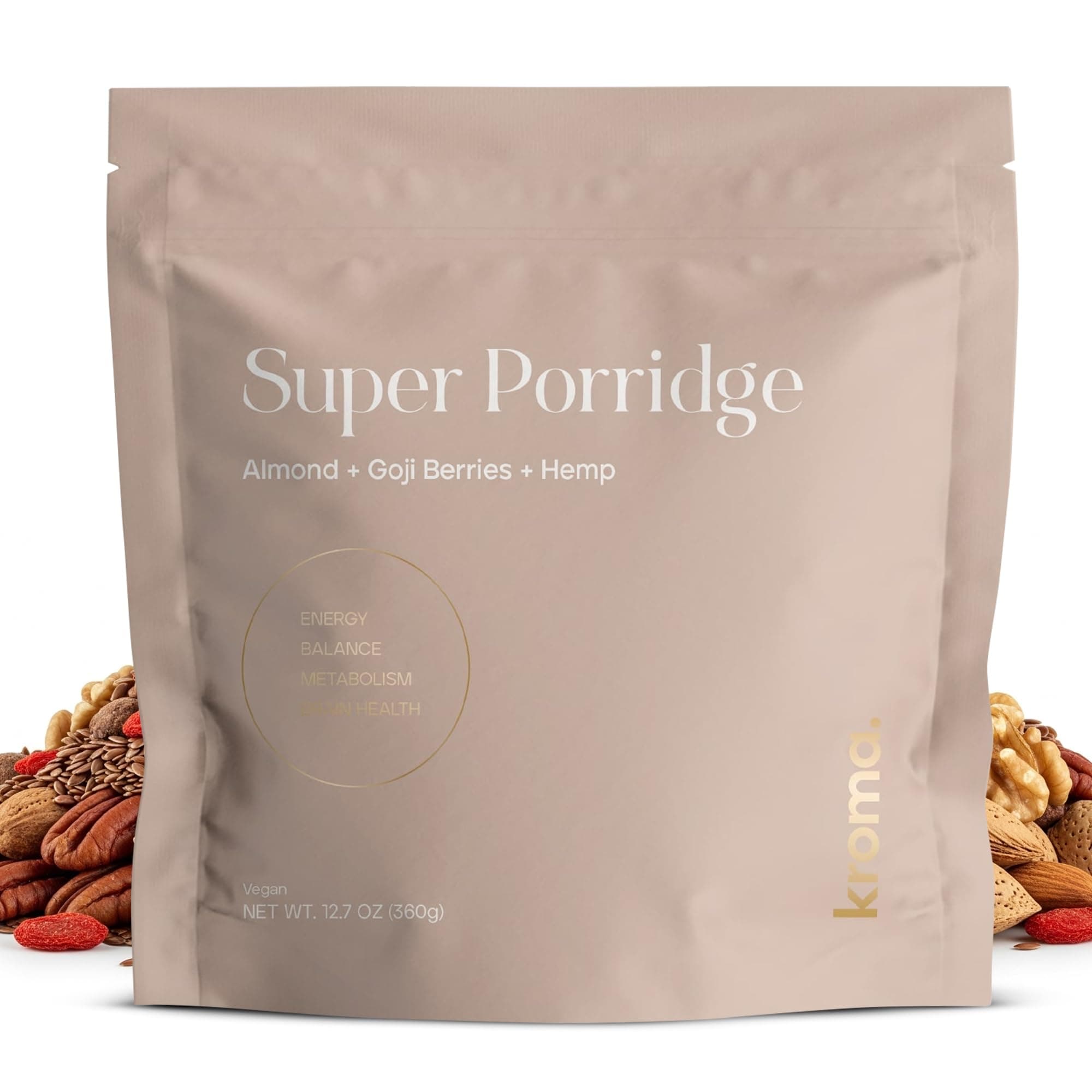 Kroma Super Porridge, 9 Servings, Gluten Free, Chocho Plant Protein, Vegan Superfood Breakfast Cereal with Hemp Seeds, Cinnamon, Oats, Coconut, Healthy Fiber, and Other Organic Ingredients, 9 Servings