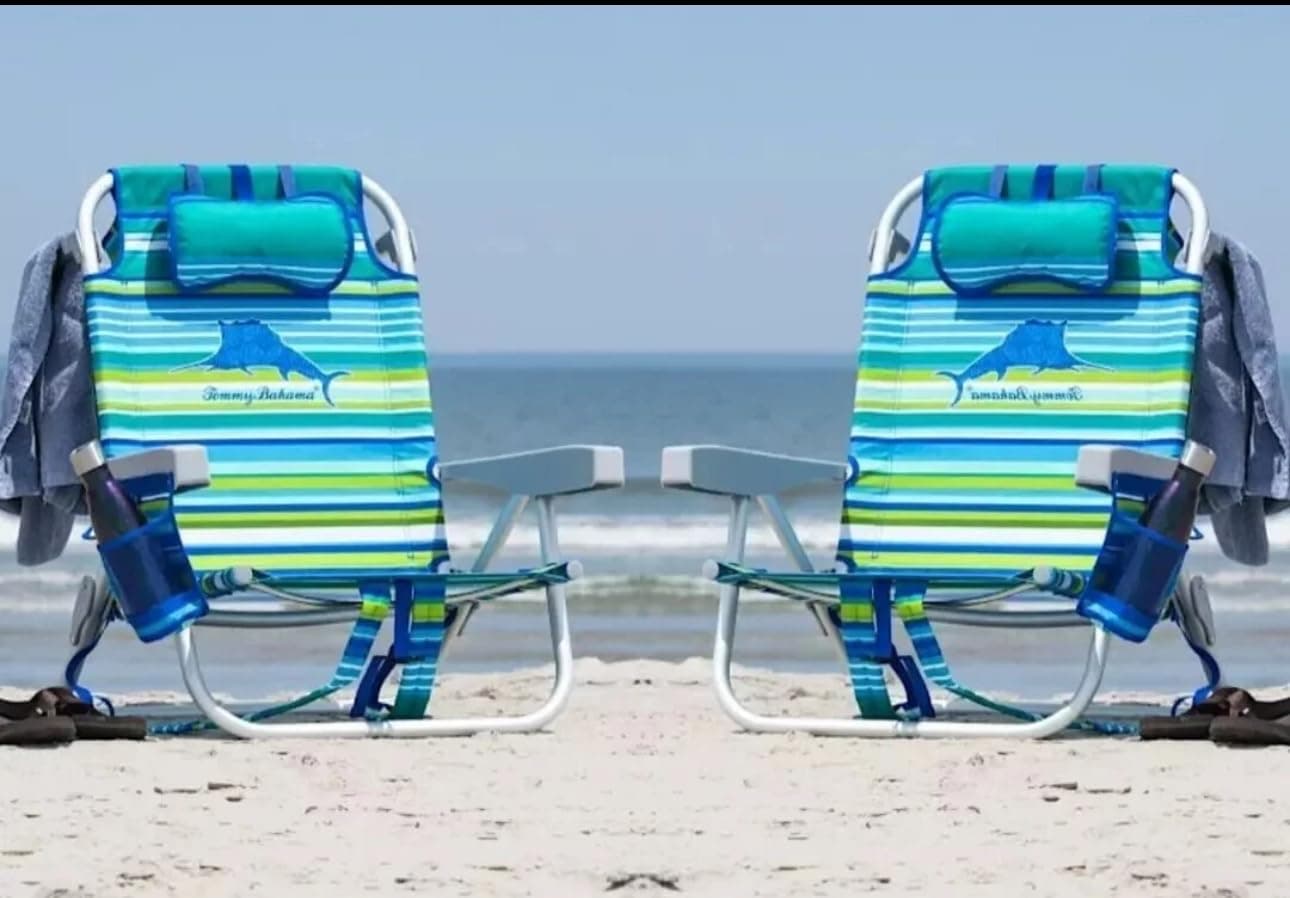 Tommy Bahama 5 Position Beach Chair, Zippered Insulated Cargo Pouch, Cup and Cell Phone Holders, Towel Bar, Pillow for Extra Comfort, Heavy-Duty Weight Capacity, 2-Pack (Aqua Stripes)