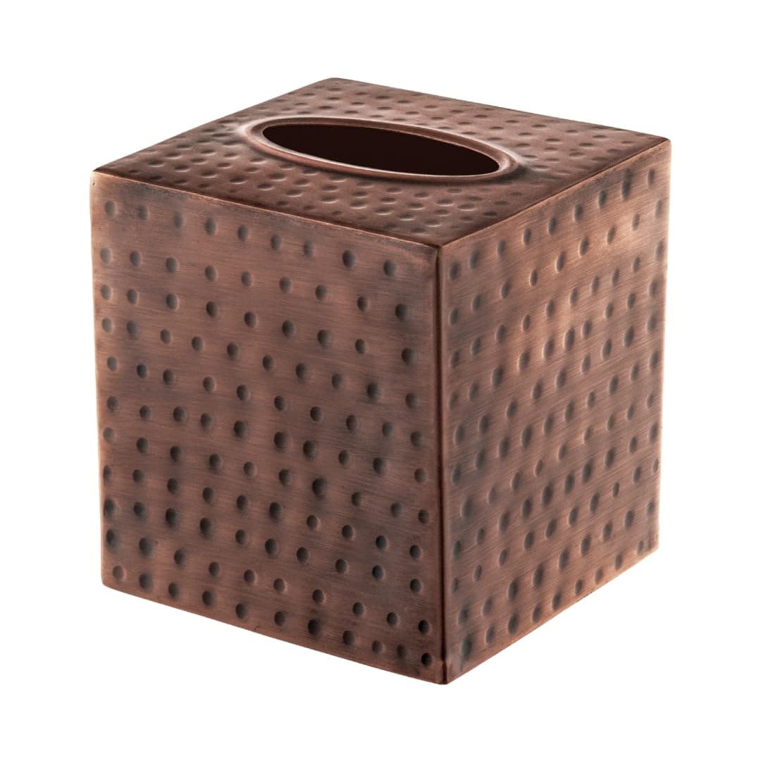 Tissue Box Cover Square – Hand Hammered Antique Copper Metal Tissue Holder Box for Bathroom Accessory, Aesthetic Decorative Facial Napkin Cube for Modern Home Decor