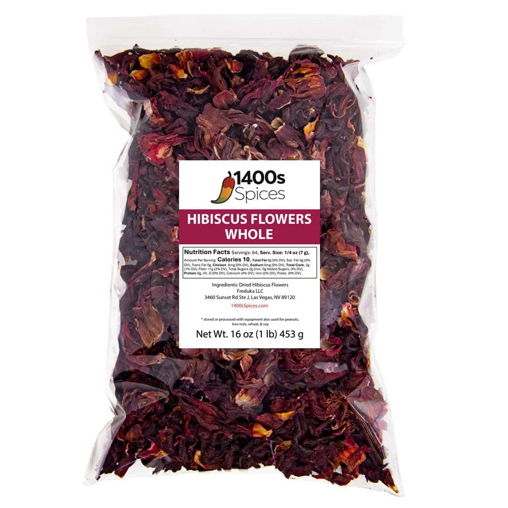1lb Dried Hibiscus Flowers perfect for Tea and Mexican Agua Fresca, Flor de Jamaica, Whole Flowers and Petals by 1400s Spices
