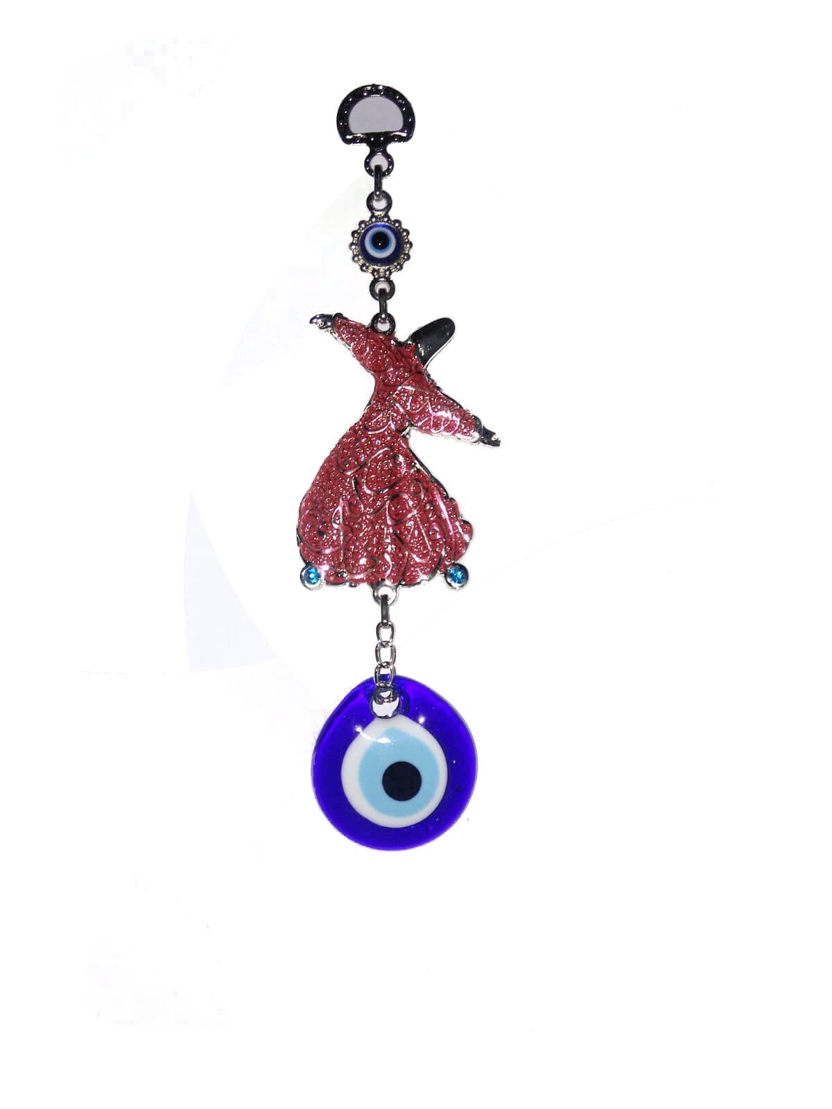 Erbulus Turkish Glass Blue Evil Eye Wall Hanging Sufi Whirling Ornament - Metal Home Decor Amulet - Protection and Good Luck Charm Gift (Red)