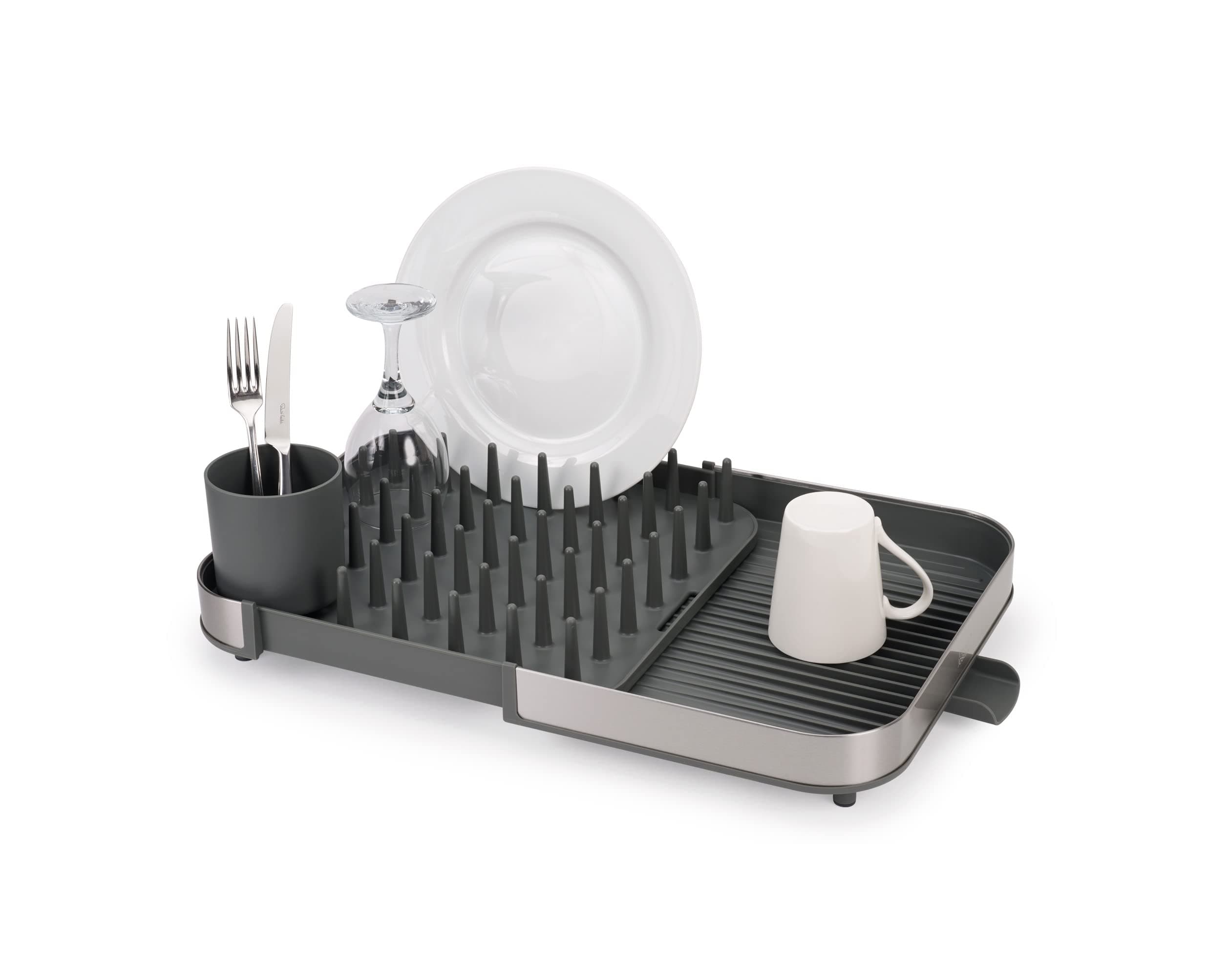 Joseph Joseph Duo Expanding Dish Drying Rack with Removable Silverware Holder, Draining Spout, Stainless Steel