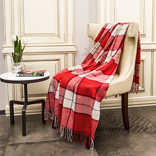 G Lake Red and White Plaid Blanket Throw Acrylic Soft Reversible Dyed Fringed Bed Blanket for Christmas Indoor Decorations 50" W x 67" L -Red Plaid