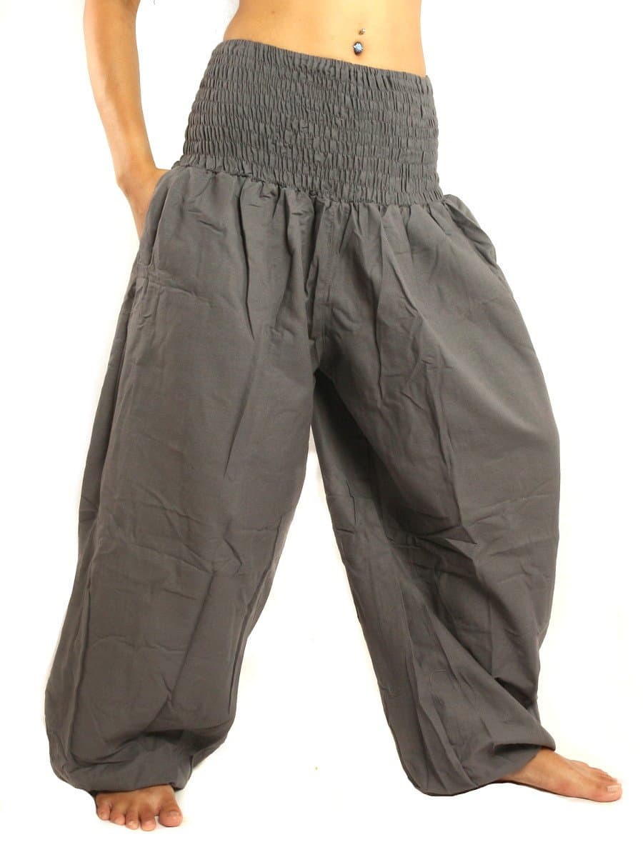 jing shop High Cut Harem Baggy Pants with Wide Legs and Smocked Wide Waist Cotton