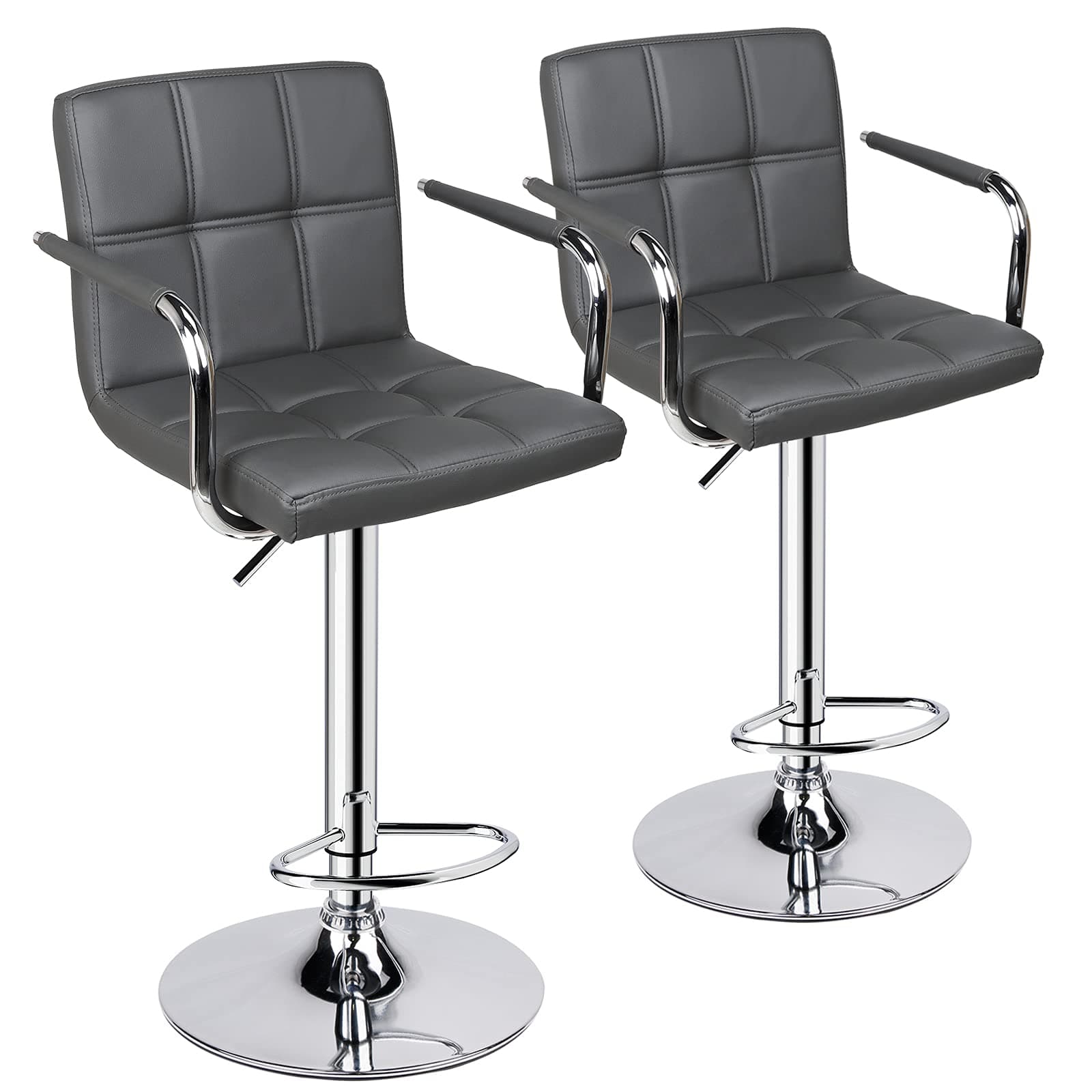 Leopard Adjustable Bar Stools with Armrest, Square Back Swivel Double Stitching with Back Bar Stool, Set of 2 (Grey)