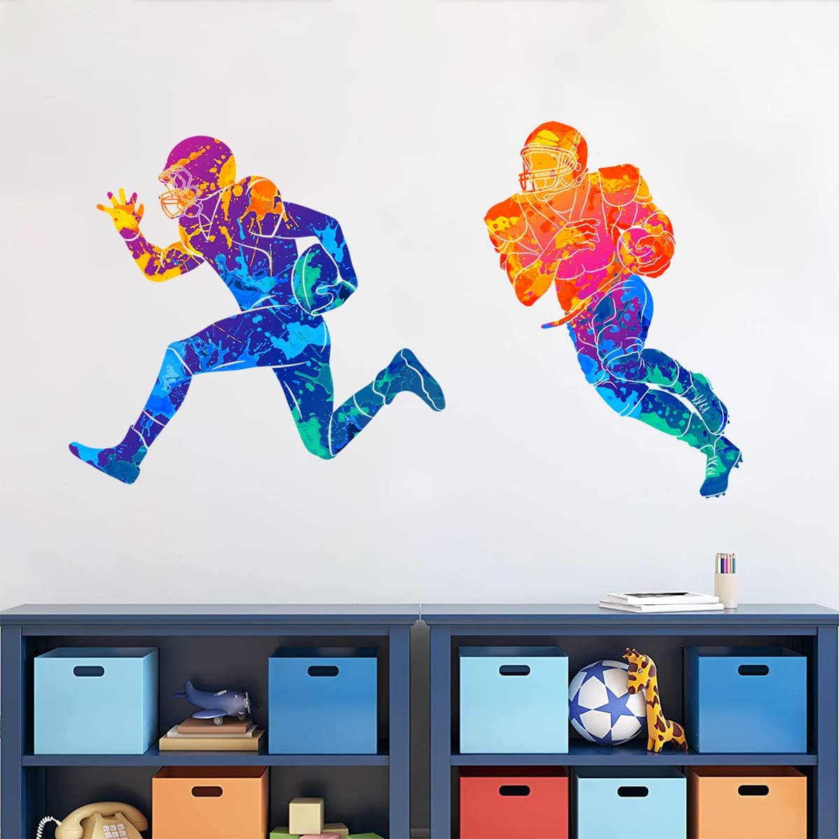 WOYINIS Colorful Football Player Wall Decal, Sports Player Silhouette Wall Stickers, Peel & Stick Removable Rugby Wall Decor Stickers for Living Room Playroom Kids Room Wall Decor