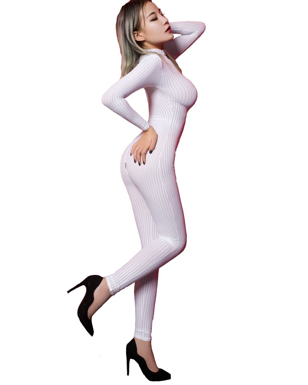 Sexy Bridal White Front Zip Vertical Stripes Spandex Zentai Catsuit Bodysuit Night Club Costume