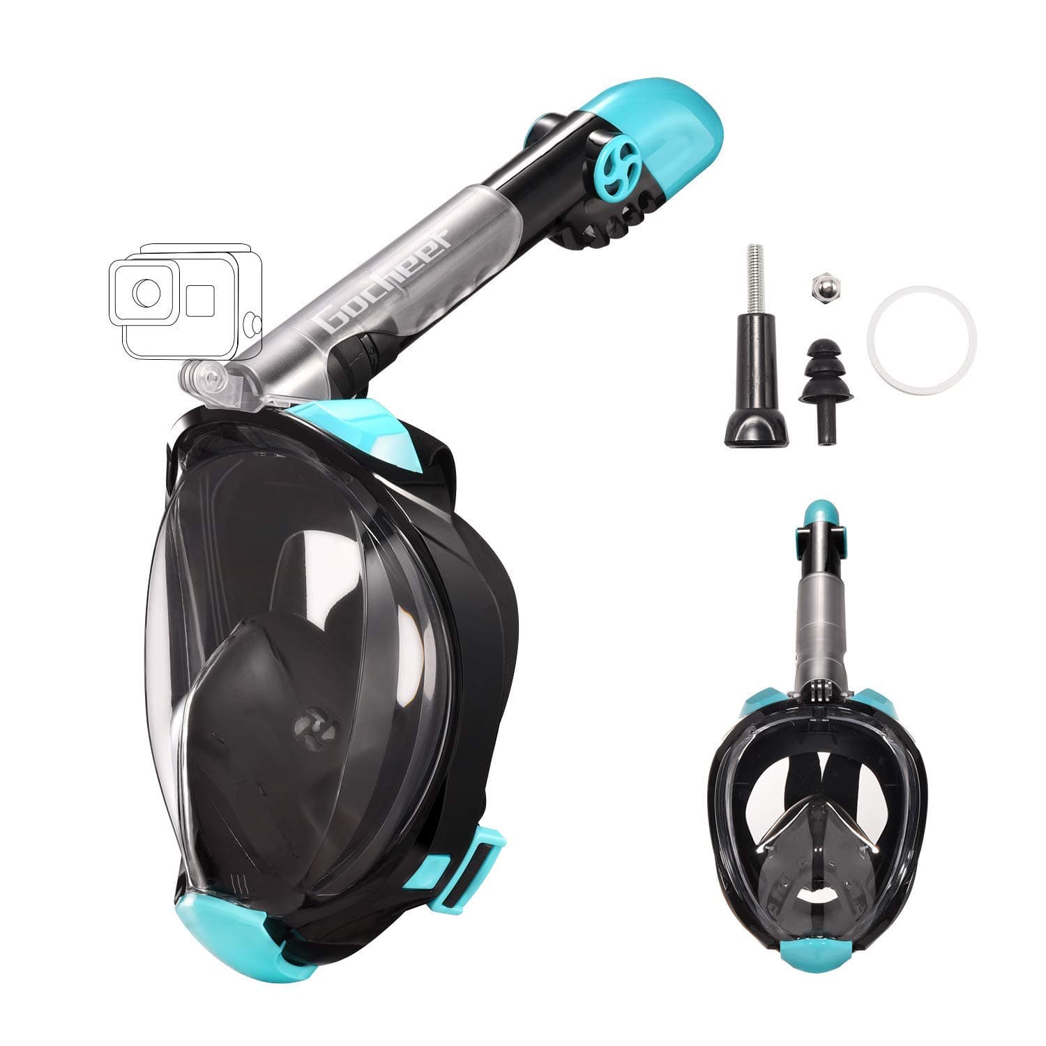 Gocheer Adult Swimming mask, Snorkel Mask Full Face with Adjustable Head Straps Foldable Underwater Breathing Device Anti-Leak Anti-Fog Dry Top Set