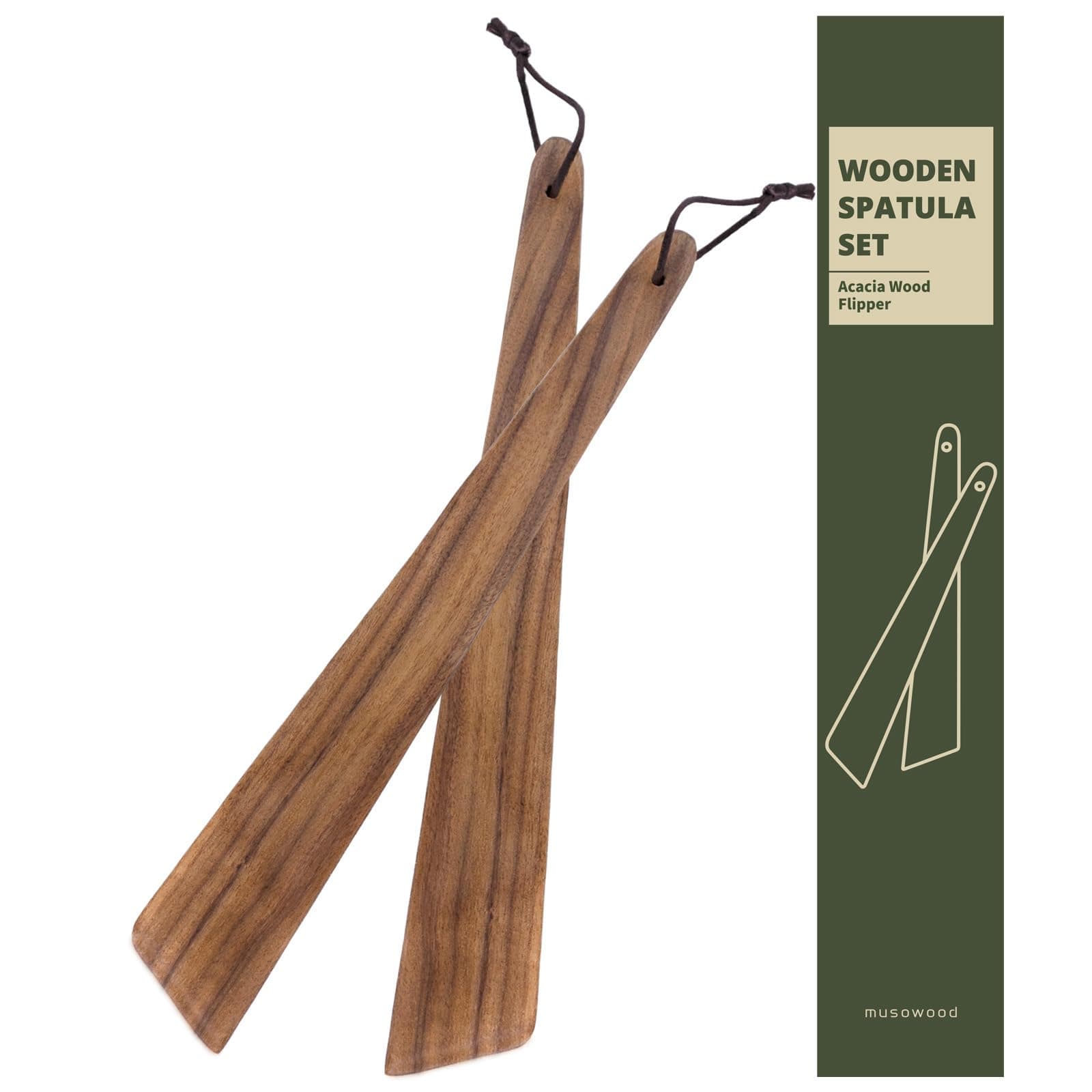 Muso Wood 12" Acacia Wood Spatula for Cooking, Small Wood Flipper, Non-Stick Spatula Set, Egg Scraper, Multi-Purpose Spatulas for Flipping, Serving, Scraping & Turning (Set of 2)