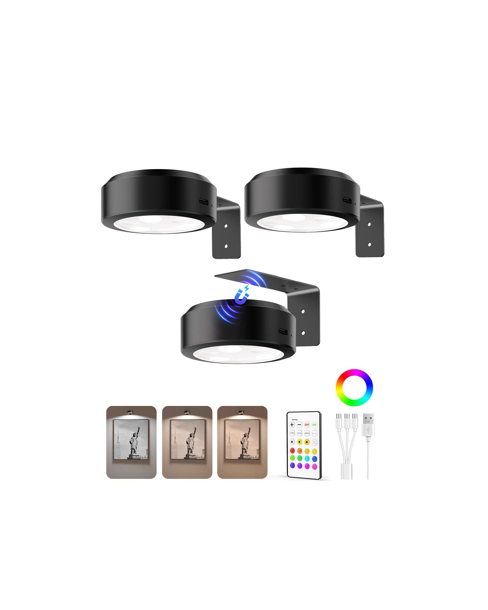 EZVALO Picture Lights for Wall, 2000mAh Rechargeable Battery Magnetic Poster Lights with 3 Color Temps & 12 RGB, Remote Dimmable Timer Painting Light, Wall Decor Light for Art Display, Frame (3 Pack)
