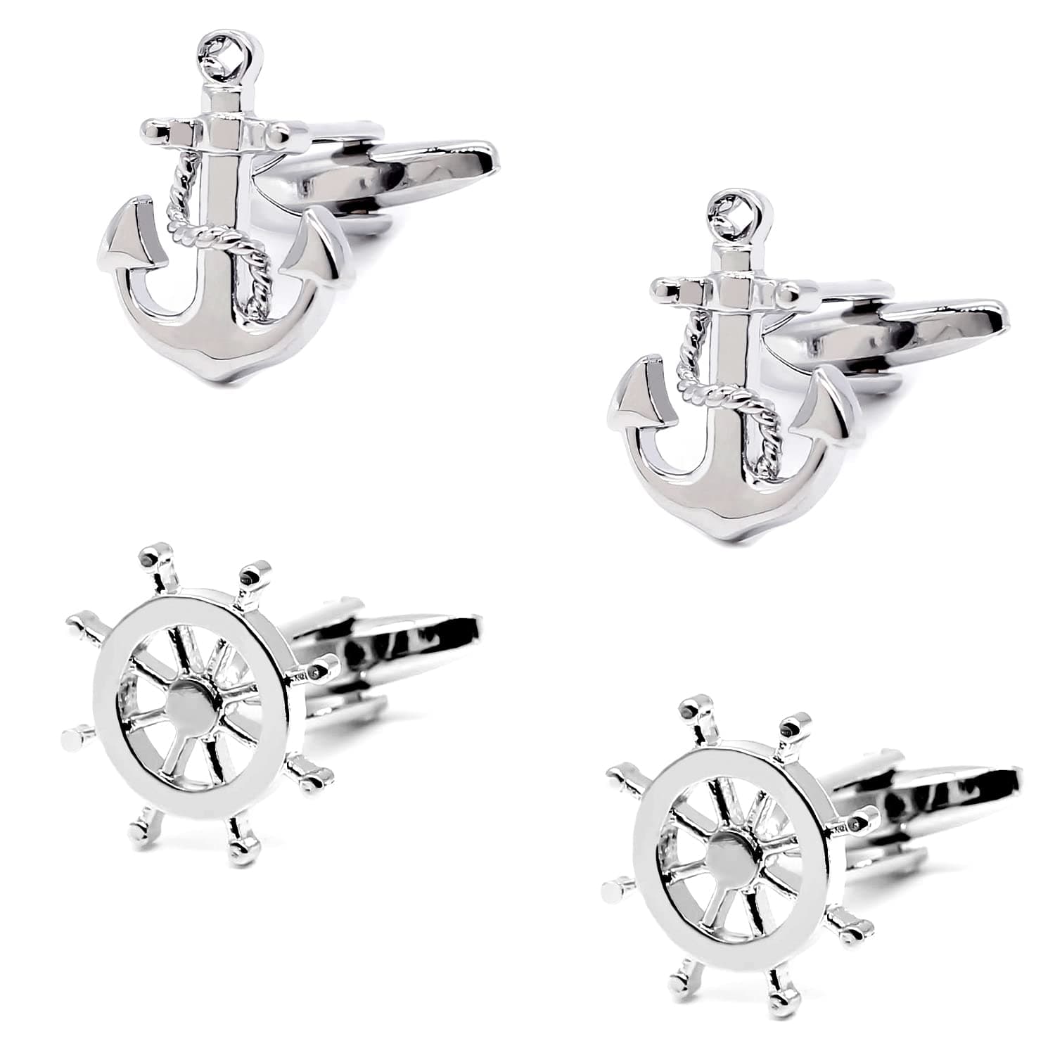 Cufflinks for Men Ship Wheel and Nautical Anchor Stainless Steel Shirt Accessories Unique Wedding Business Cuff Links for Mens Jewelry with Gift Box, 2 Pairs