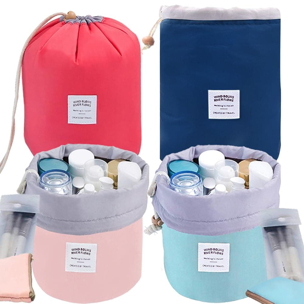 Drawstring Cosmetic Bag 4PCS Travel Makeup Bag for Women Toiletry Bag Portable Drawstring Make up Organizer Bag for Travel (Green+Pink+Blue+Red)